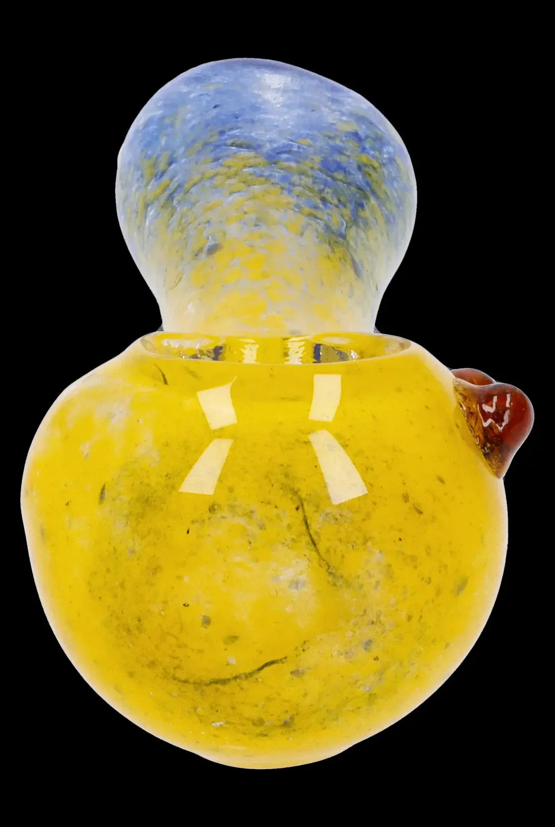 Yellow and blue glass bubbler with visible bowl and mouthpiece.