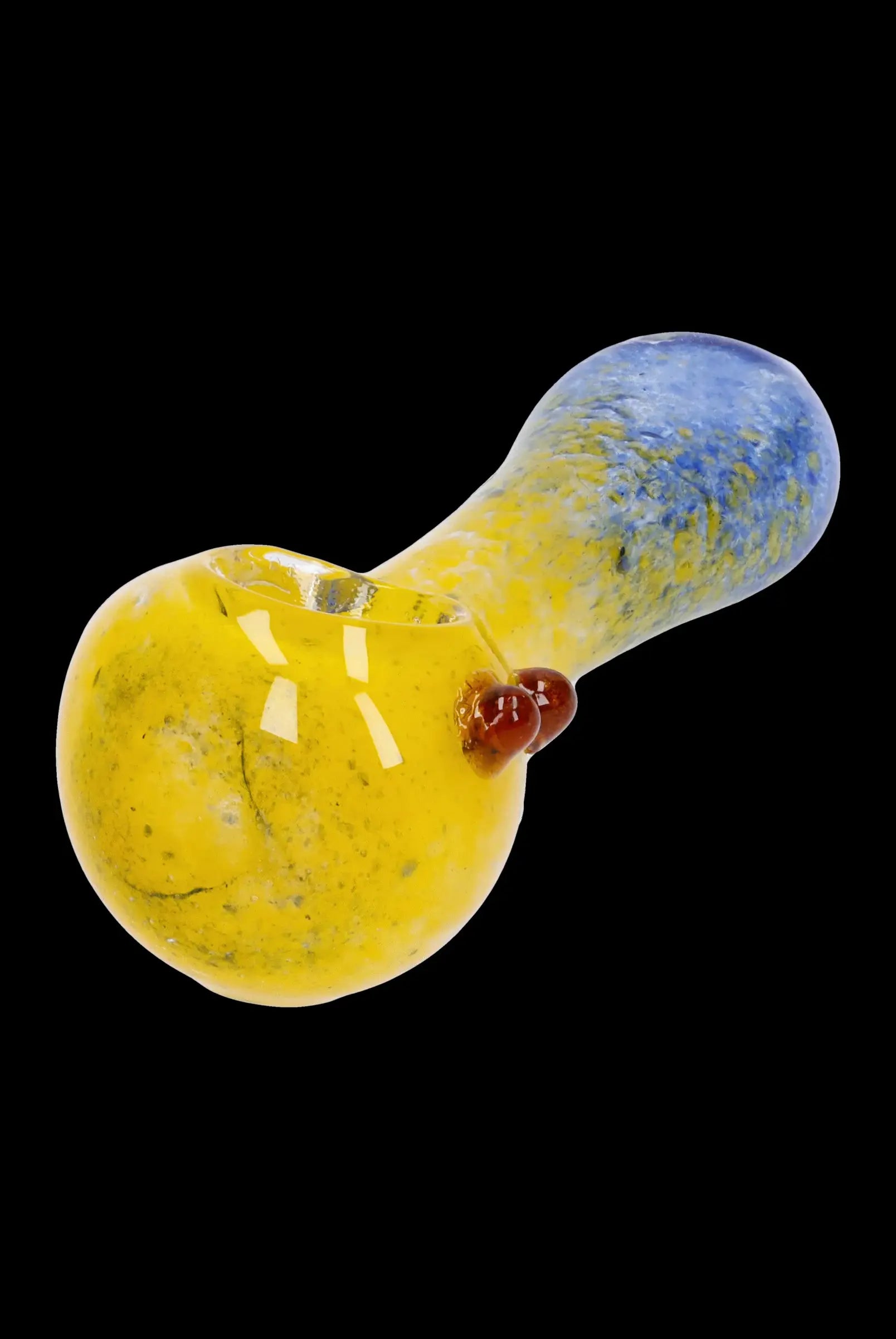 Yellow and blue glass pipe with a red mouthpiece, isolated on a black background.