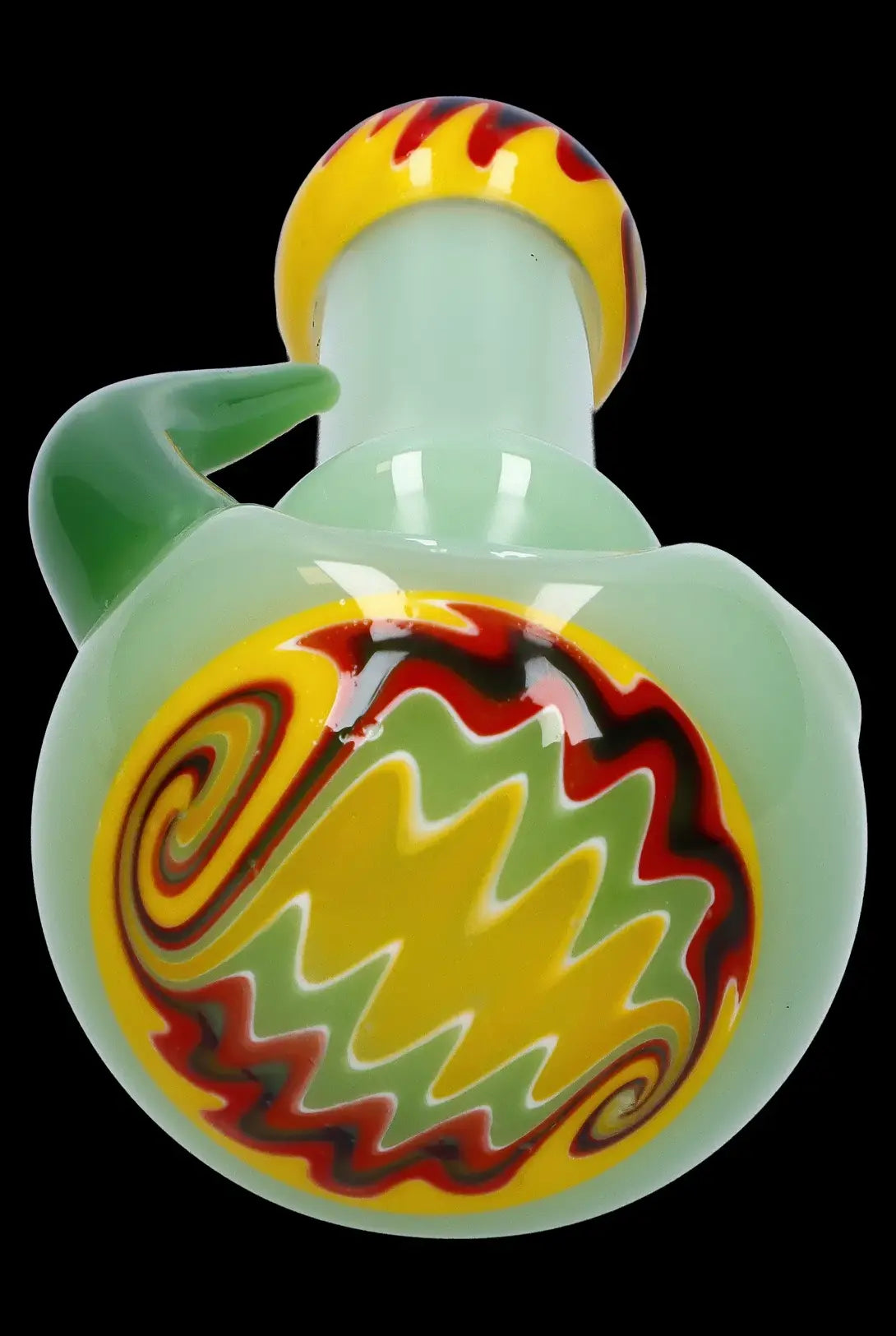 Green glass bubbler with colorful, swirling internal design.