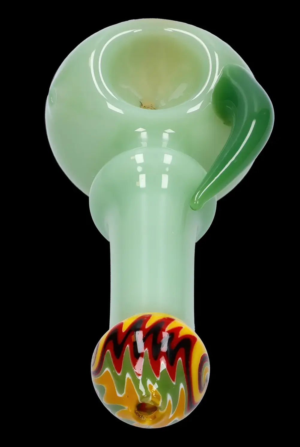 Green glass pipe with a colorful marbled base.