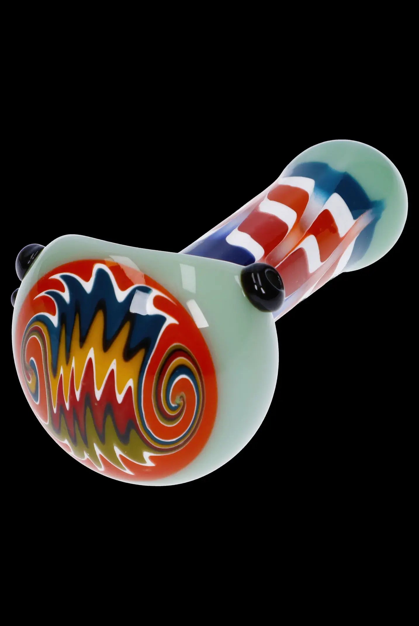 Colorful glass pipe with swirling patterns.