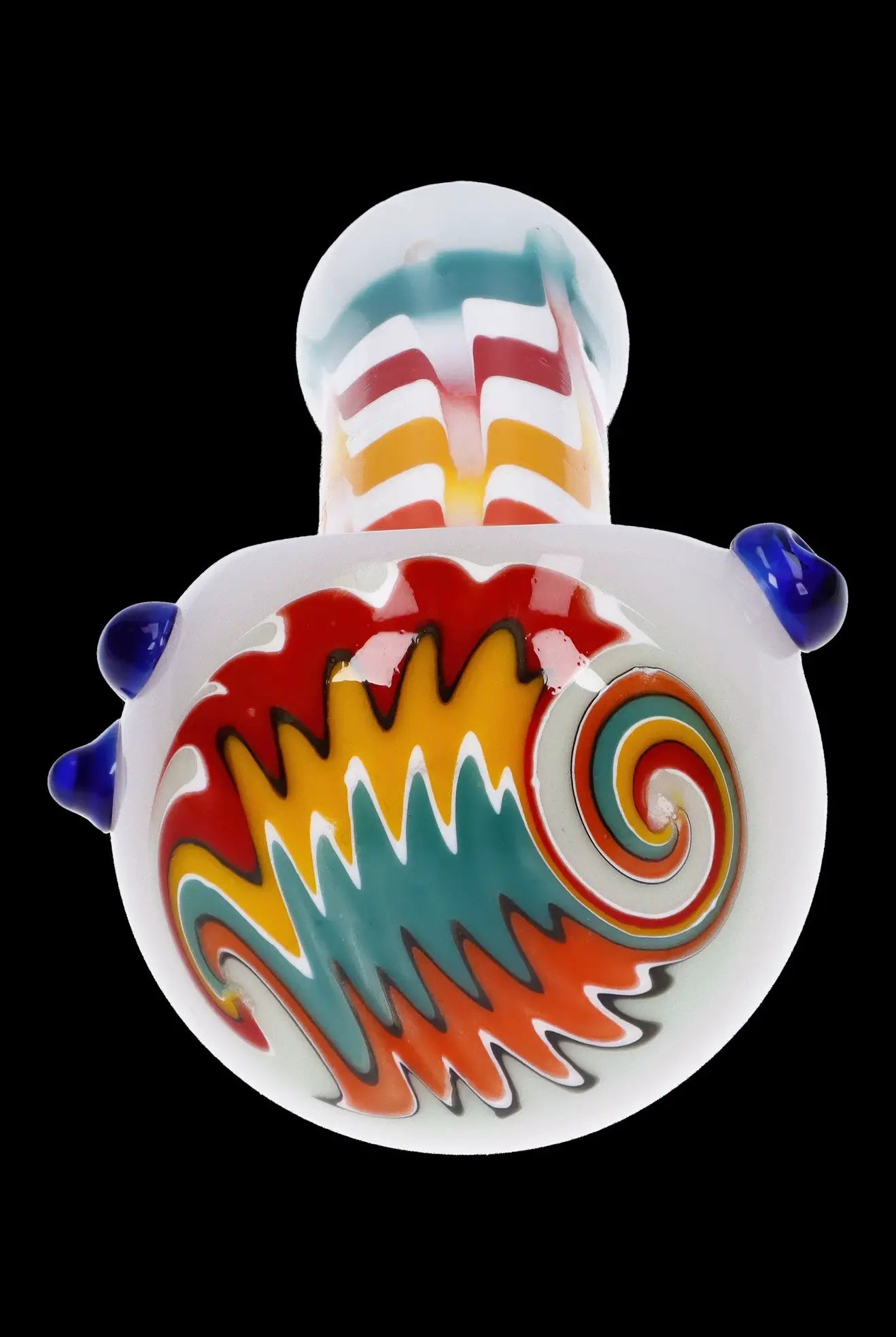 Hand-blown glass bubbler with colorful swirls and blue accents.