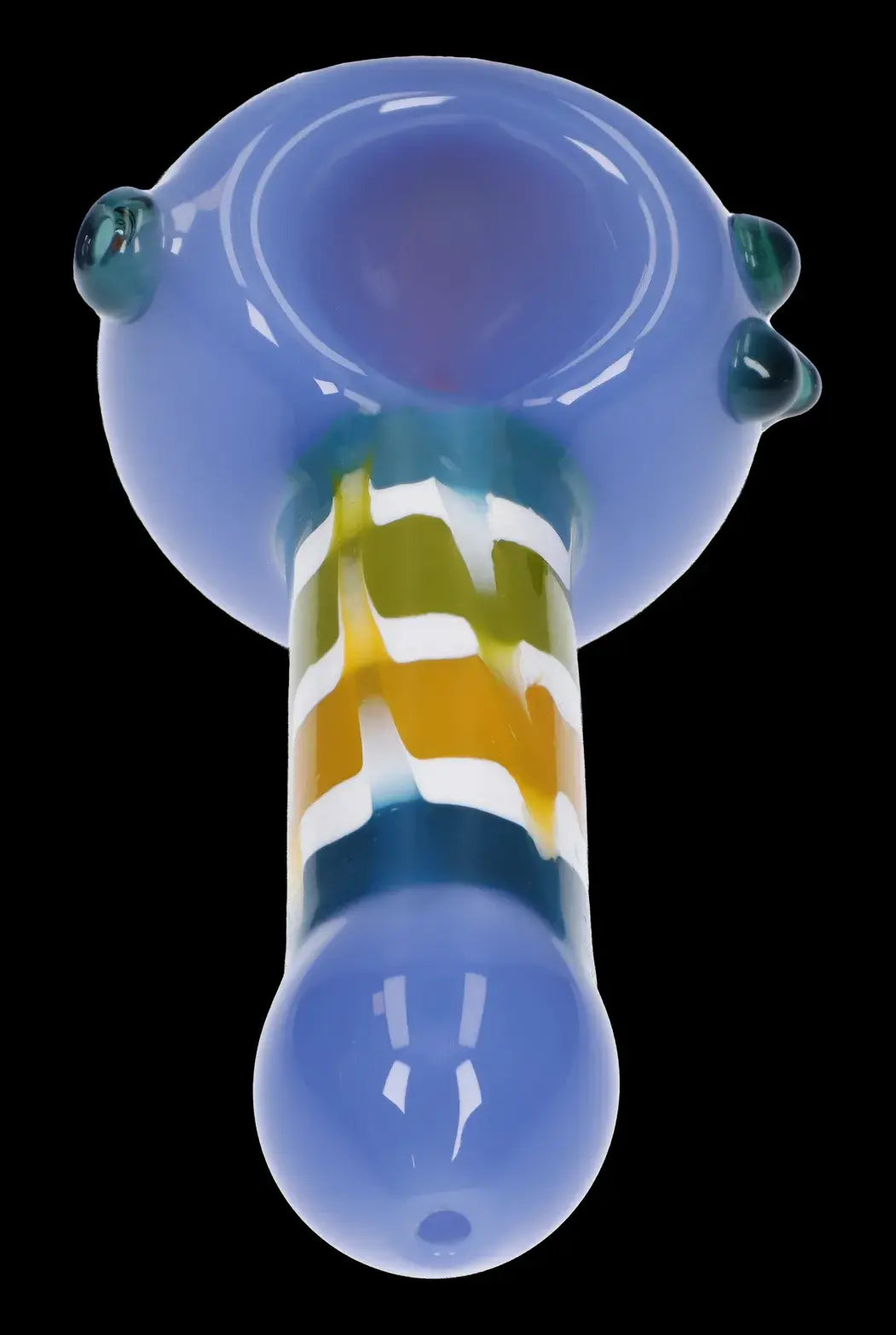 Blue glass pipe with amber and white swirls.