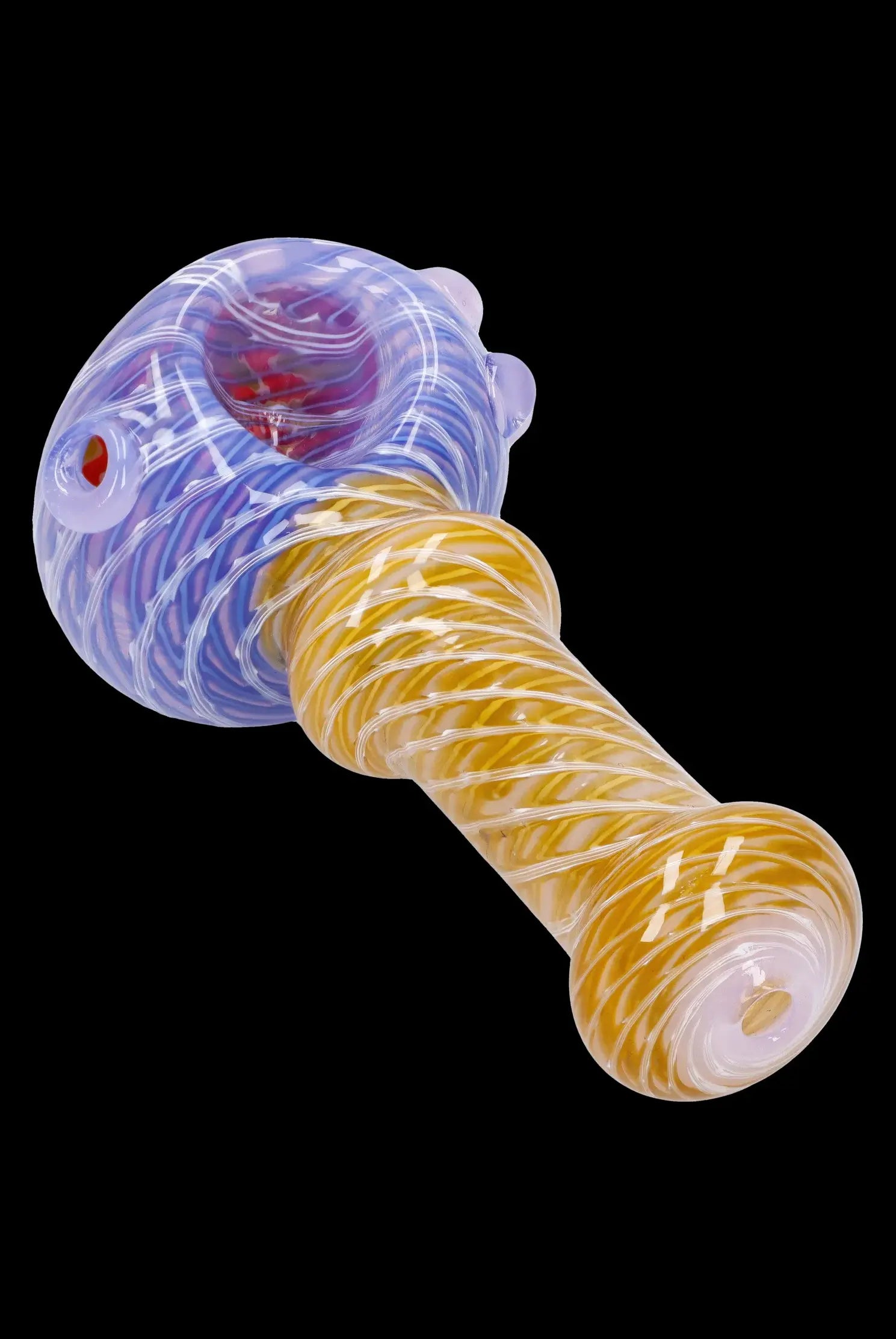 Colorful glass smoking pipe with a swirling blue and purple bowl and a twisted amber stem.