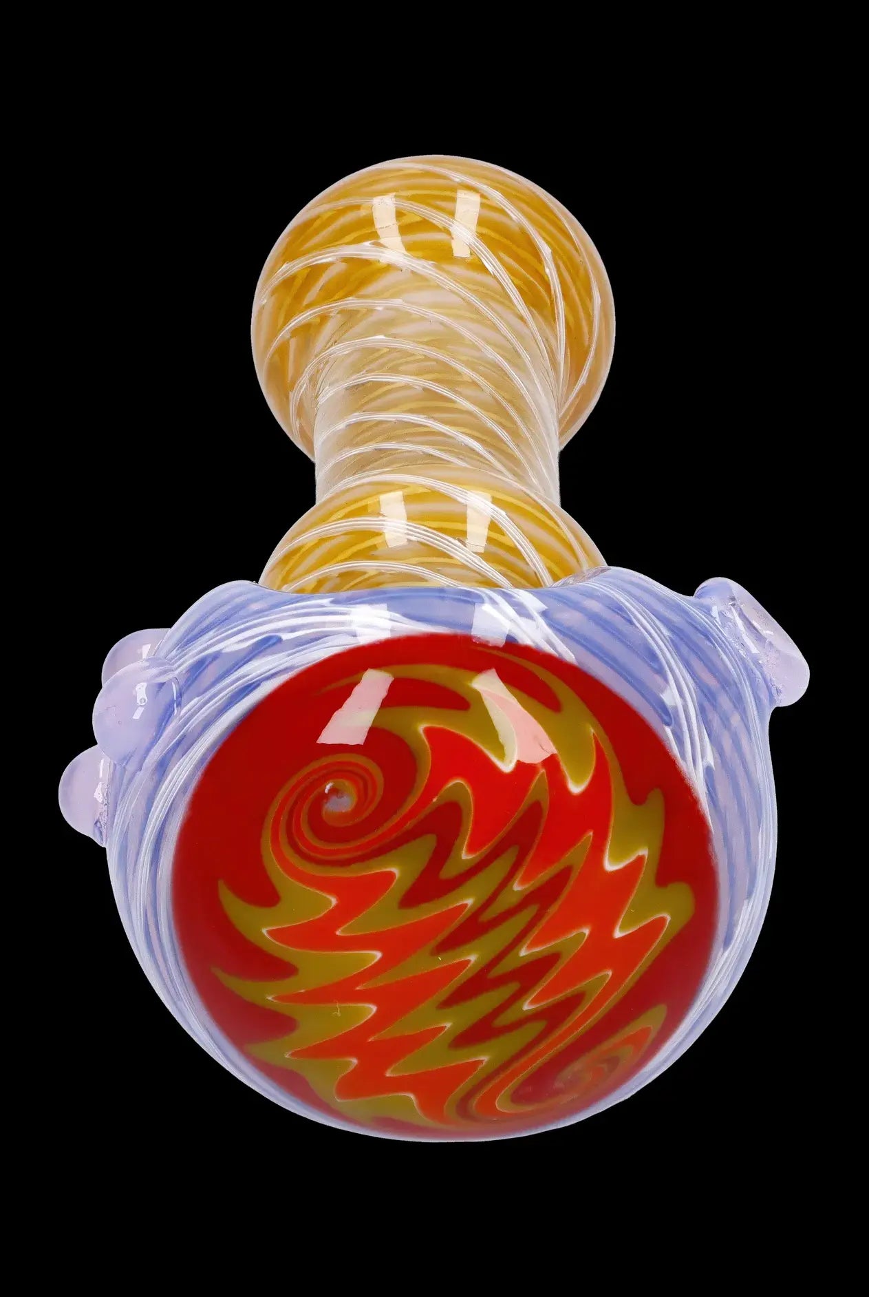 Hand-blown glass pipe with swirling red, orange, and yellow patterns.