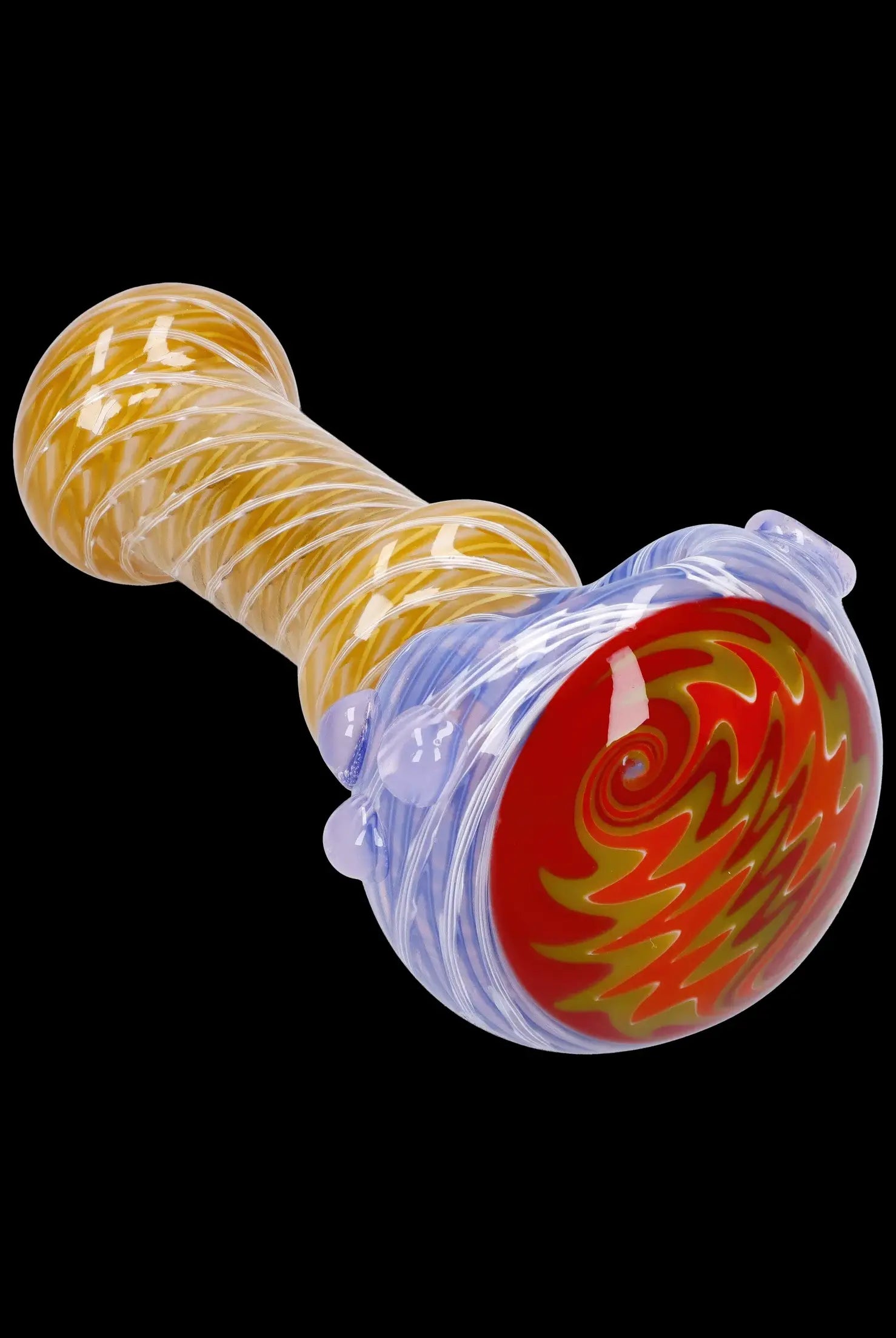 Hand-blown glass pipe with red and gold swirl patterns against a blue and amber backdrop.