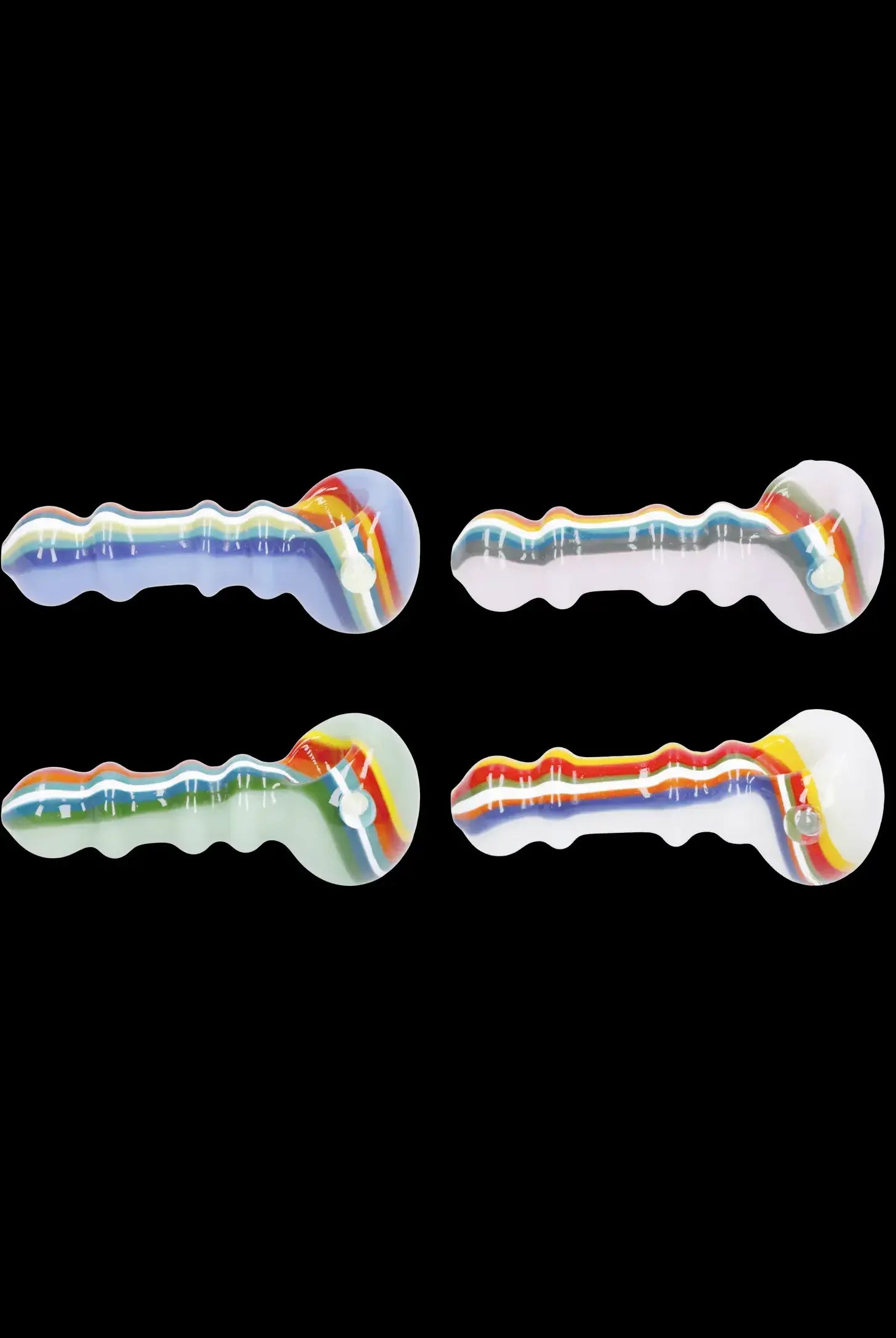 Four colorful glass pipes with unique swirl patterns against a black background.