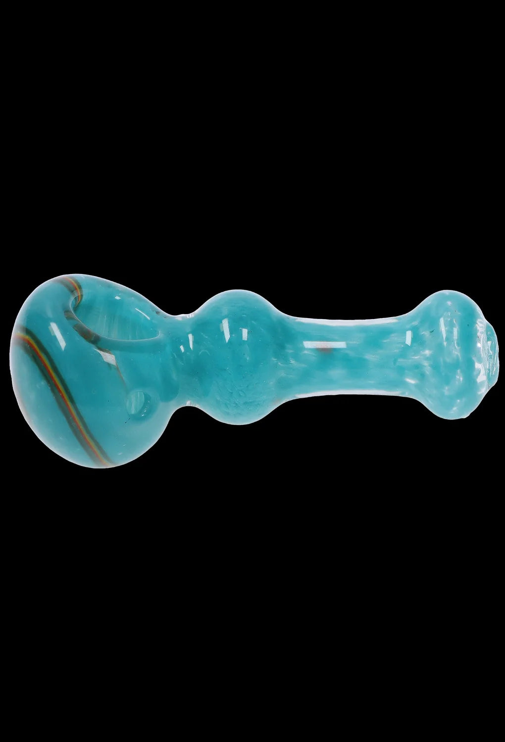 Turquoise glass smoking pipe with colorful swirls.