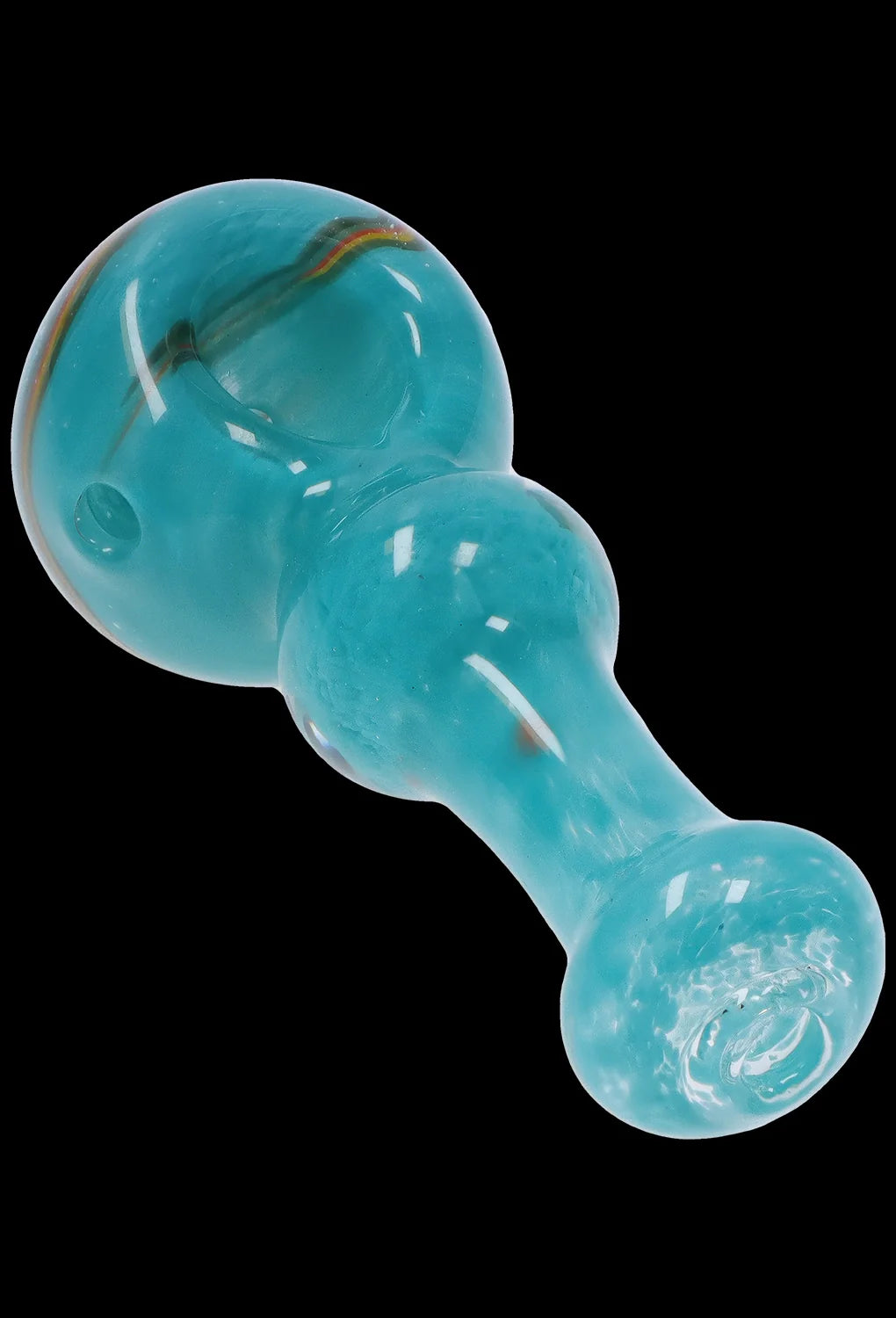 Turquoise glass pipe with swirling patterns, isolated on a black background.