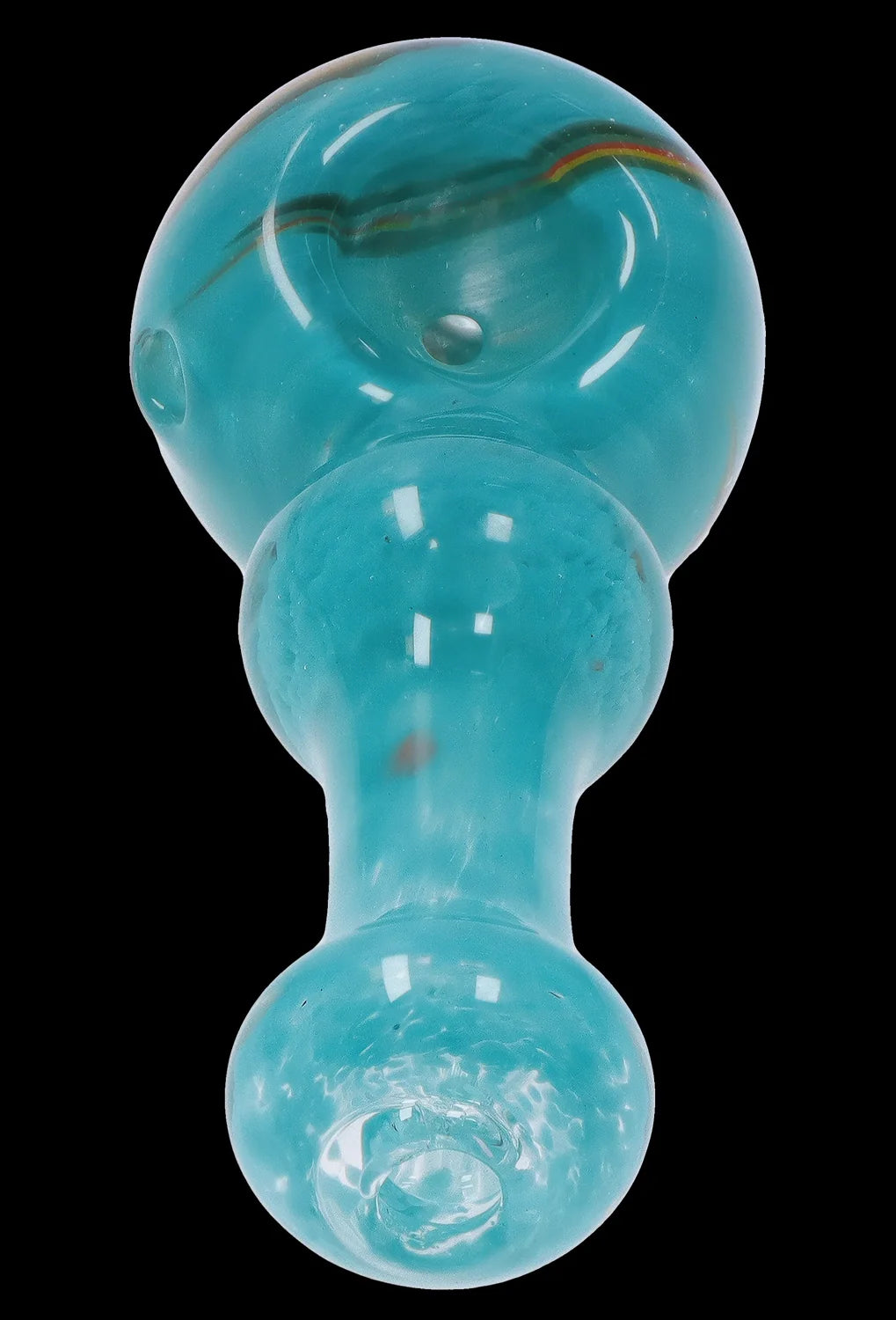 Teal glass cannabis bubbler pipe with swirling internal design.