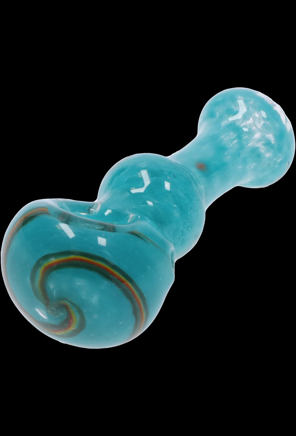 Blue glass cannabis oil burner pipe with swirling colorful accents.
