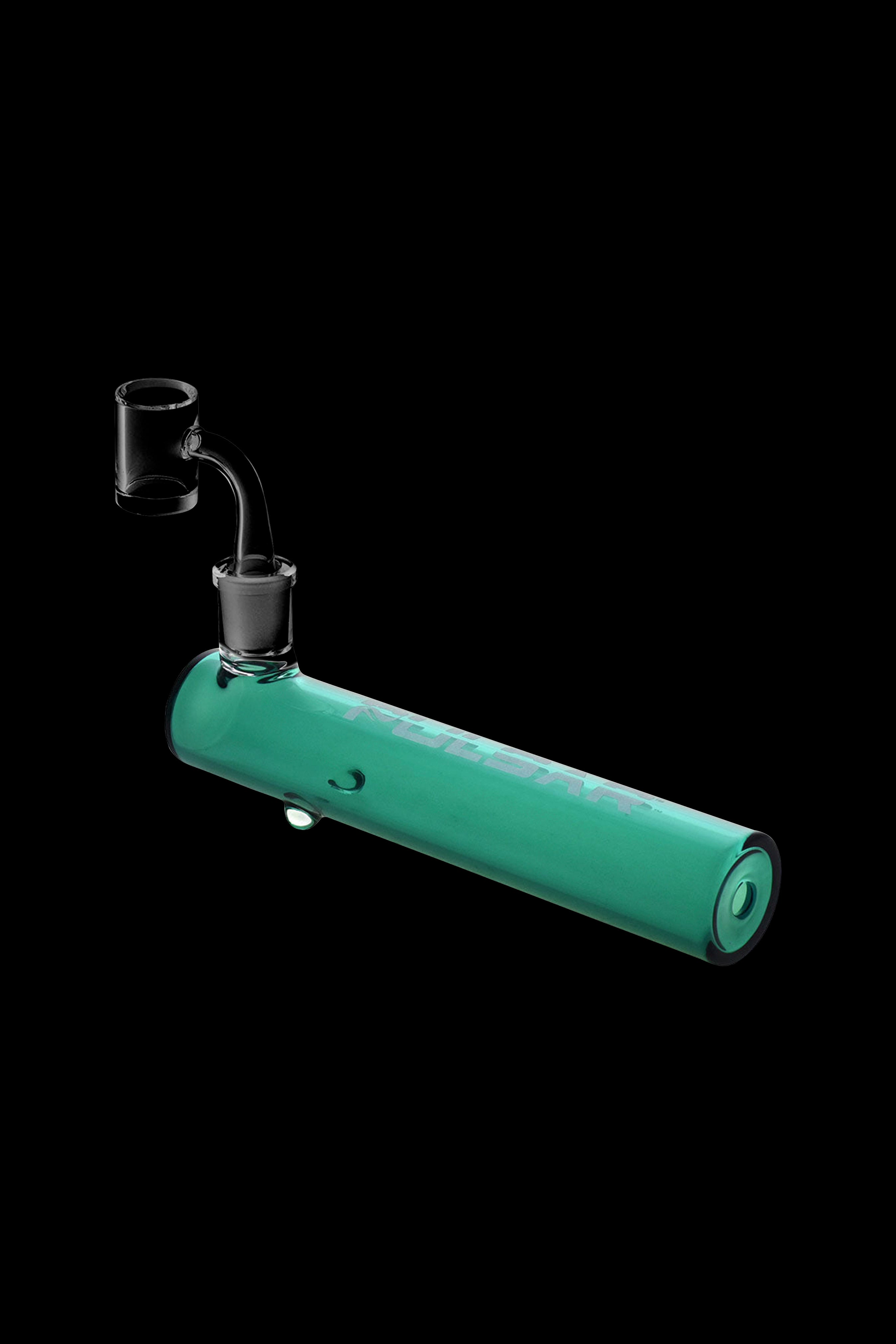 Green glass oil rig with a quartz banger.