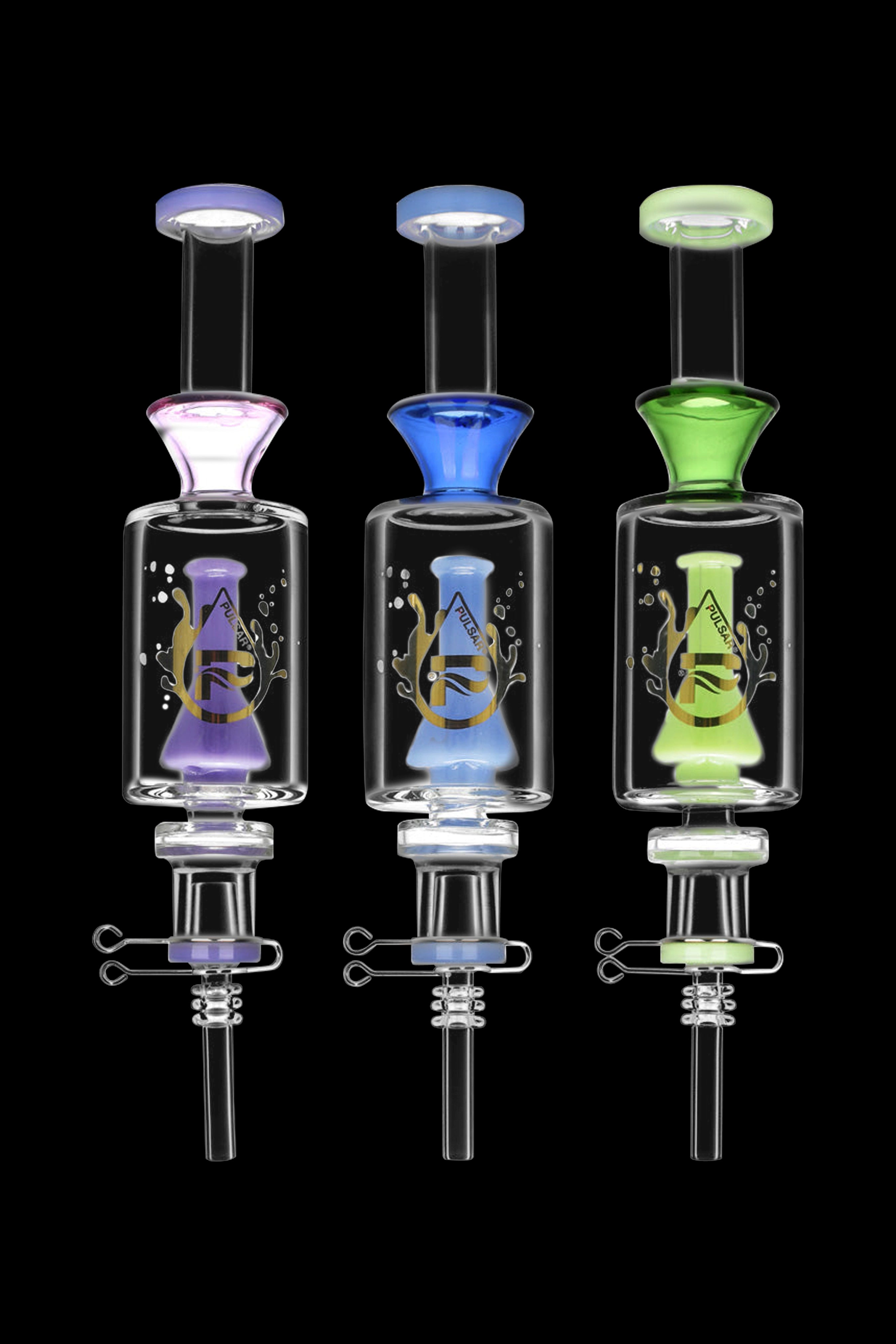 Three glass dab rigs with colorful accents, displayed against a black background. Each rig includes a perc chamber and titanium tip.