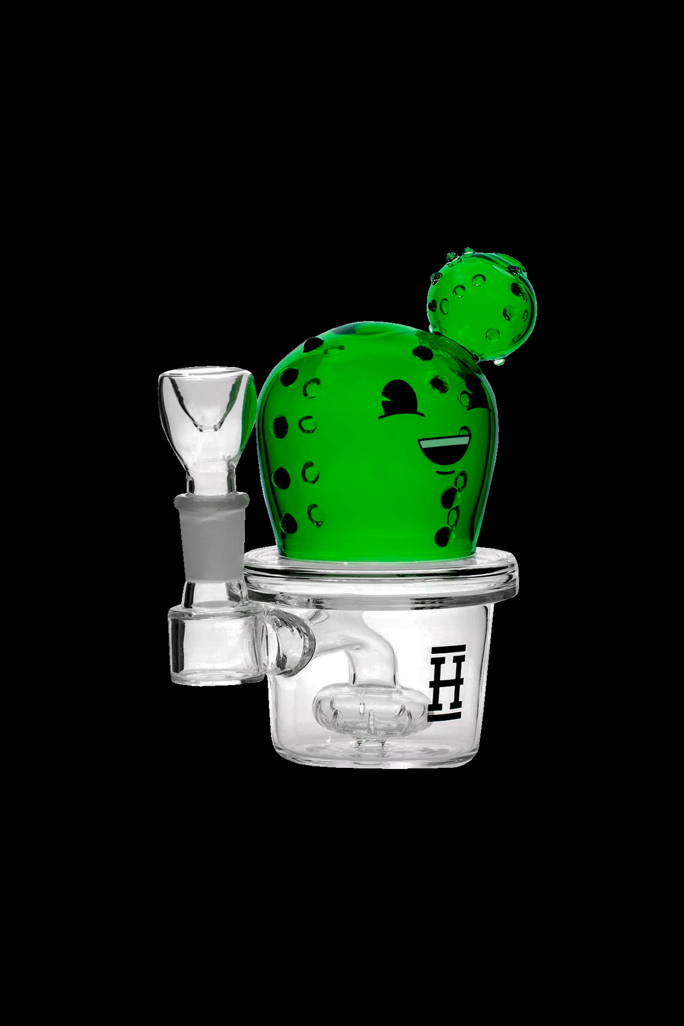 Green cactus-shaped glass bubbler with a clear base and mouthpiece.