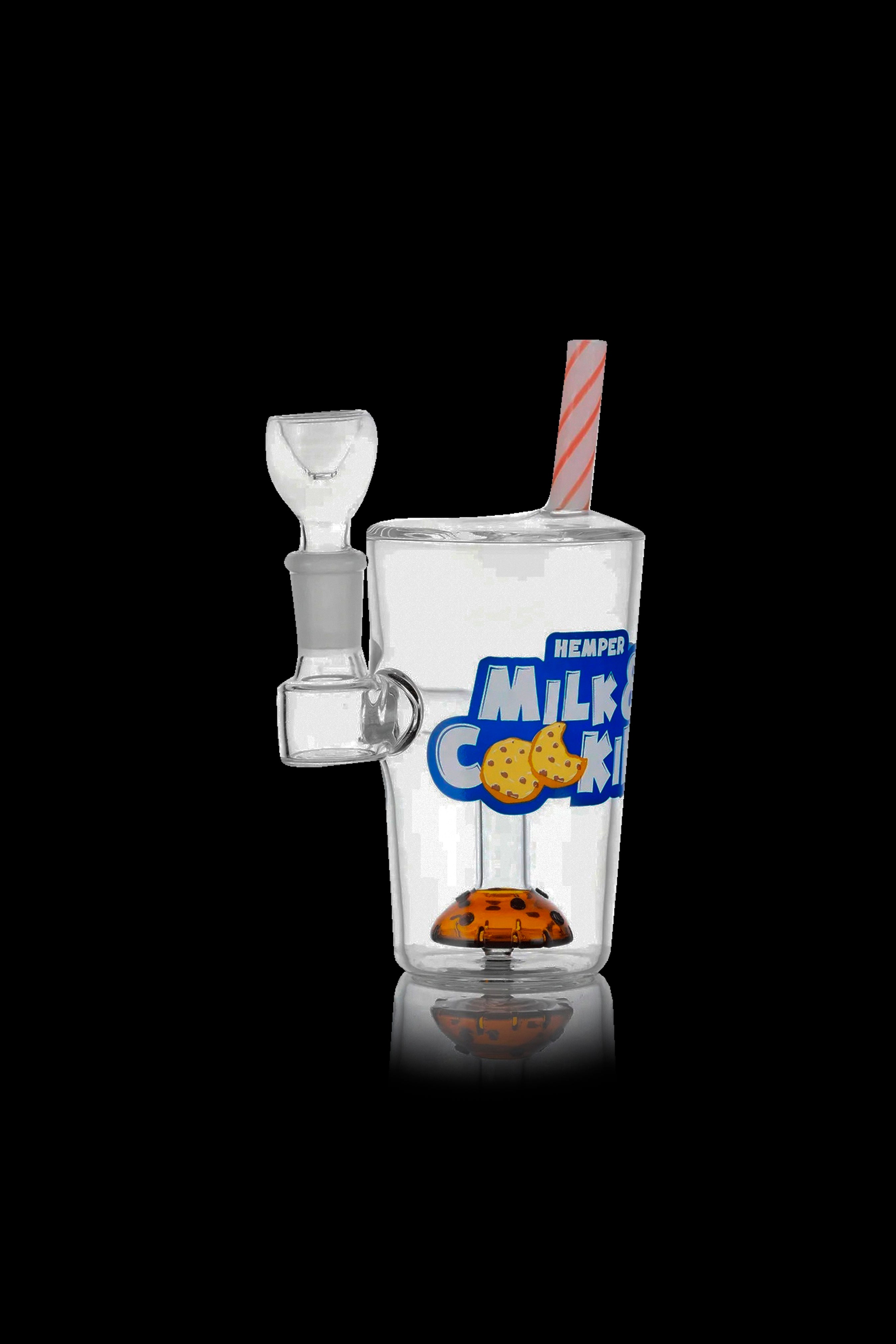 Glass water pipe shaped like a milk carton with cookie graphics and a detachable bowl piece.