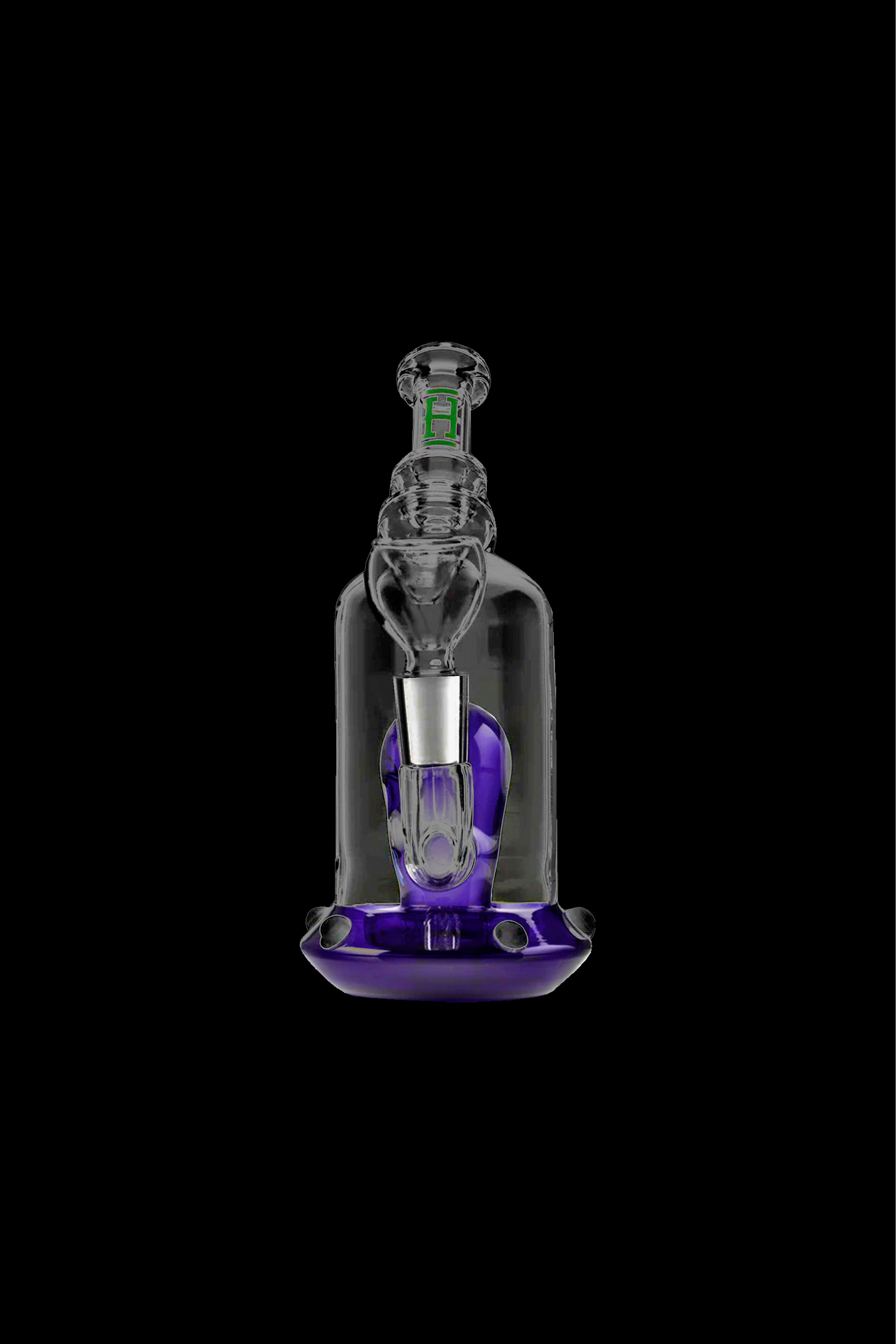 Glass dab rig with purple accents, isolated on a black background.