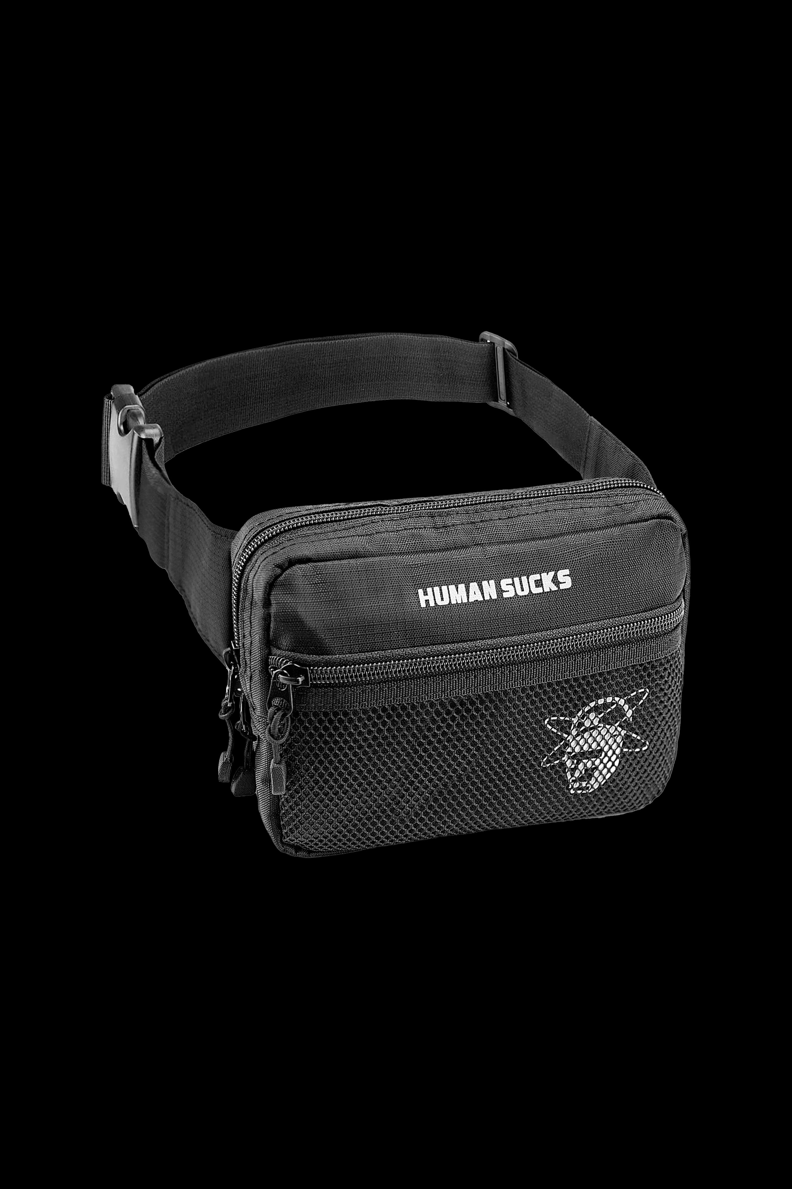 Black fanny pack with “HUMAN SUCKS” text and a bee graphic, likely designed to discreetly carry cannabis accessories.