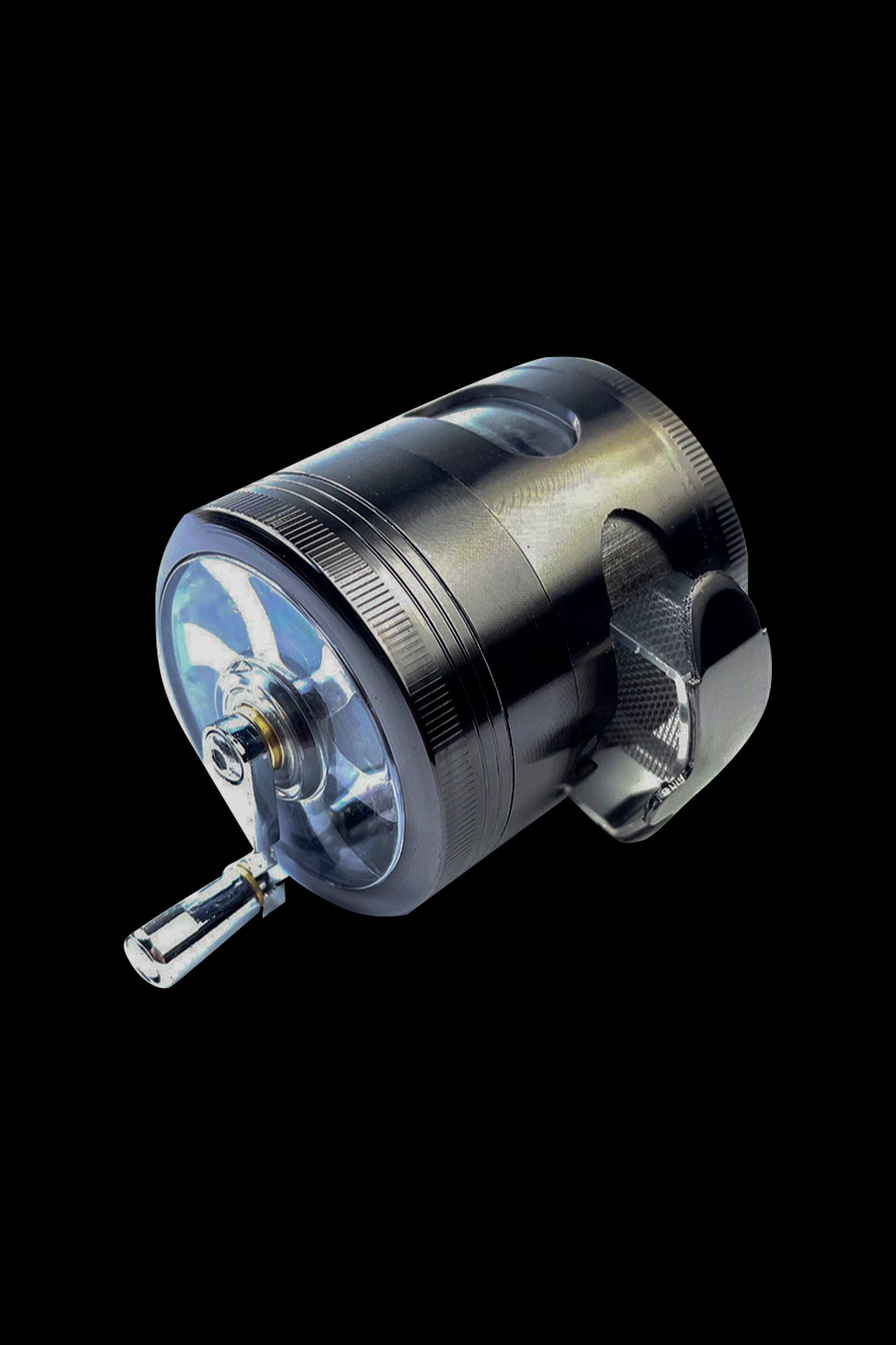 Silver cannabis grinder with a clear acrylic chamber, displayed on a black background.