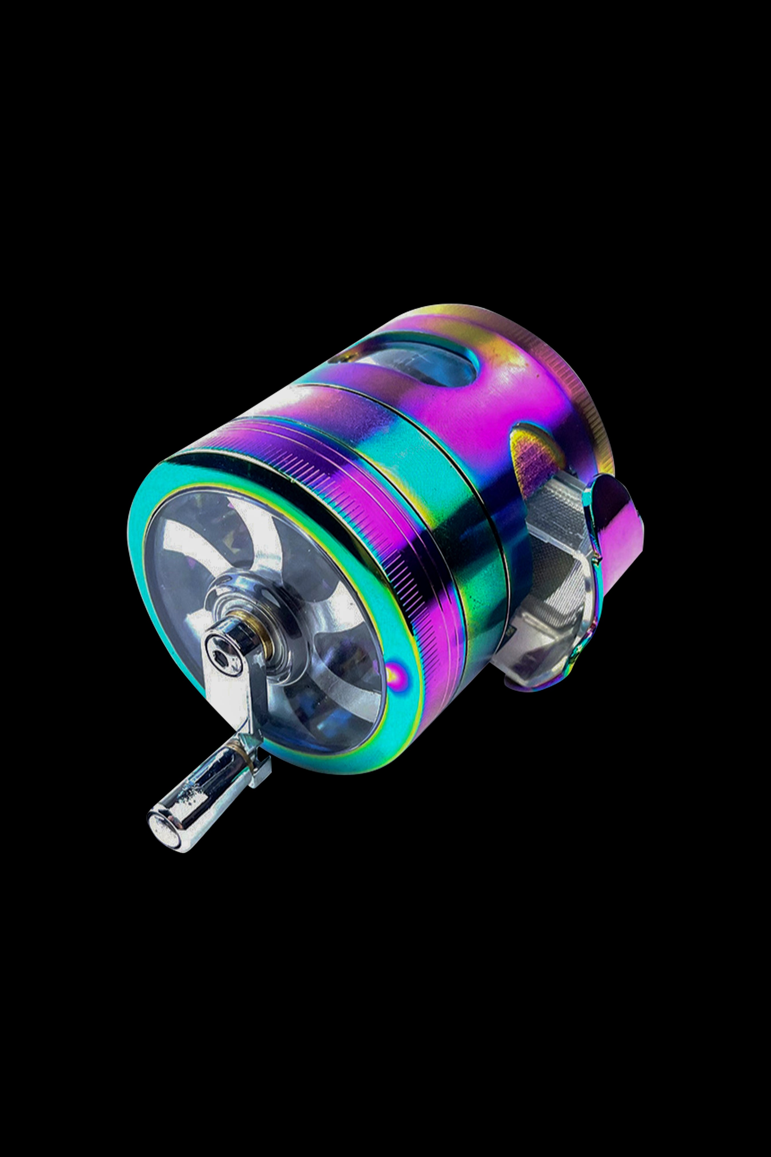 Iridescent cannabis grinder with a hand crank and visible metal teeth, isolated on a black background.