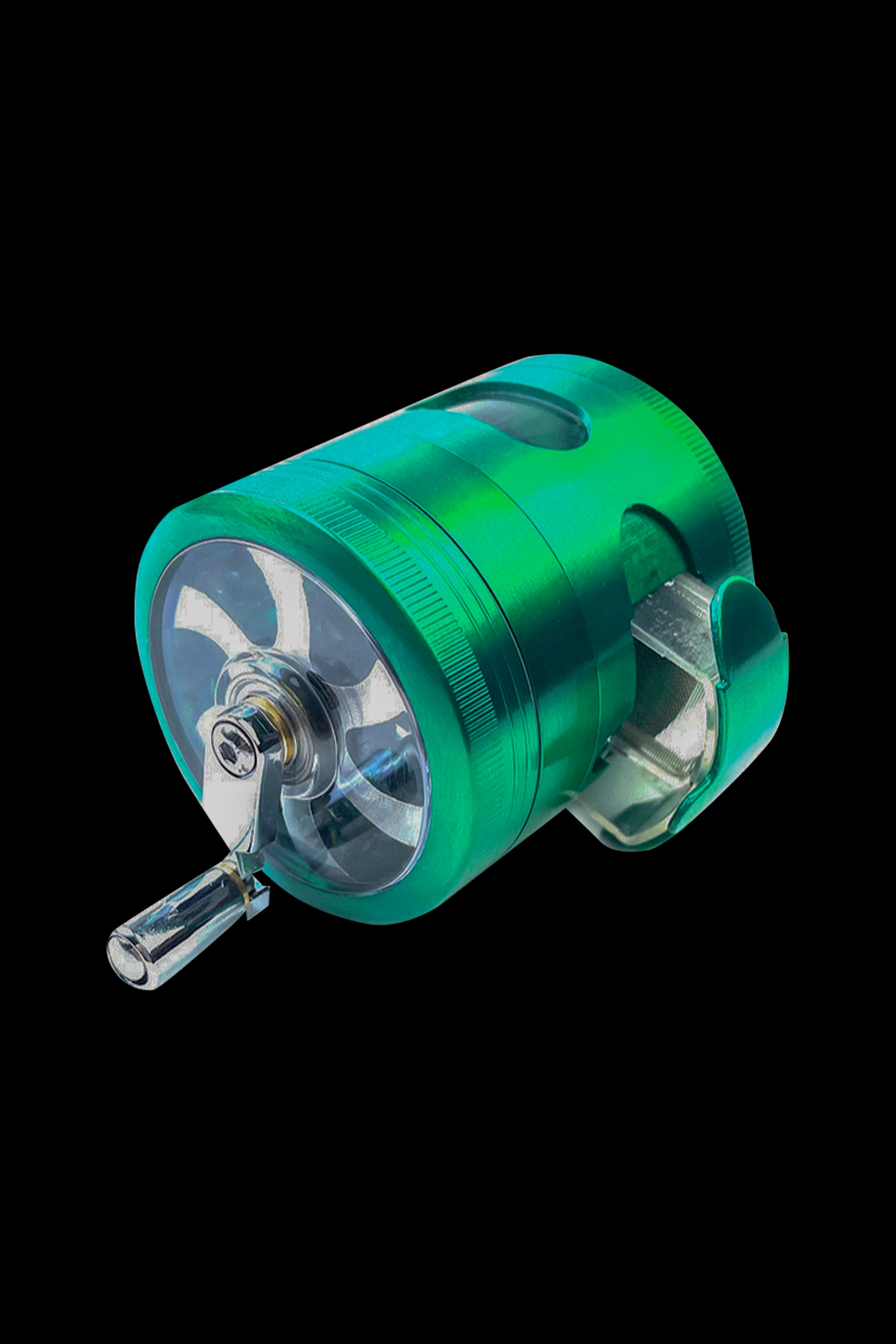 Green metallic cannabis grinder with a clear acrylic chamber and hand crank.