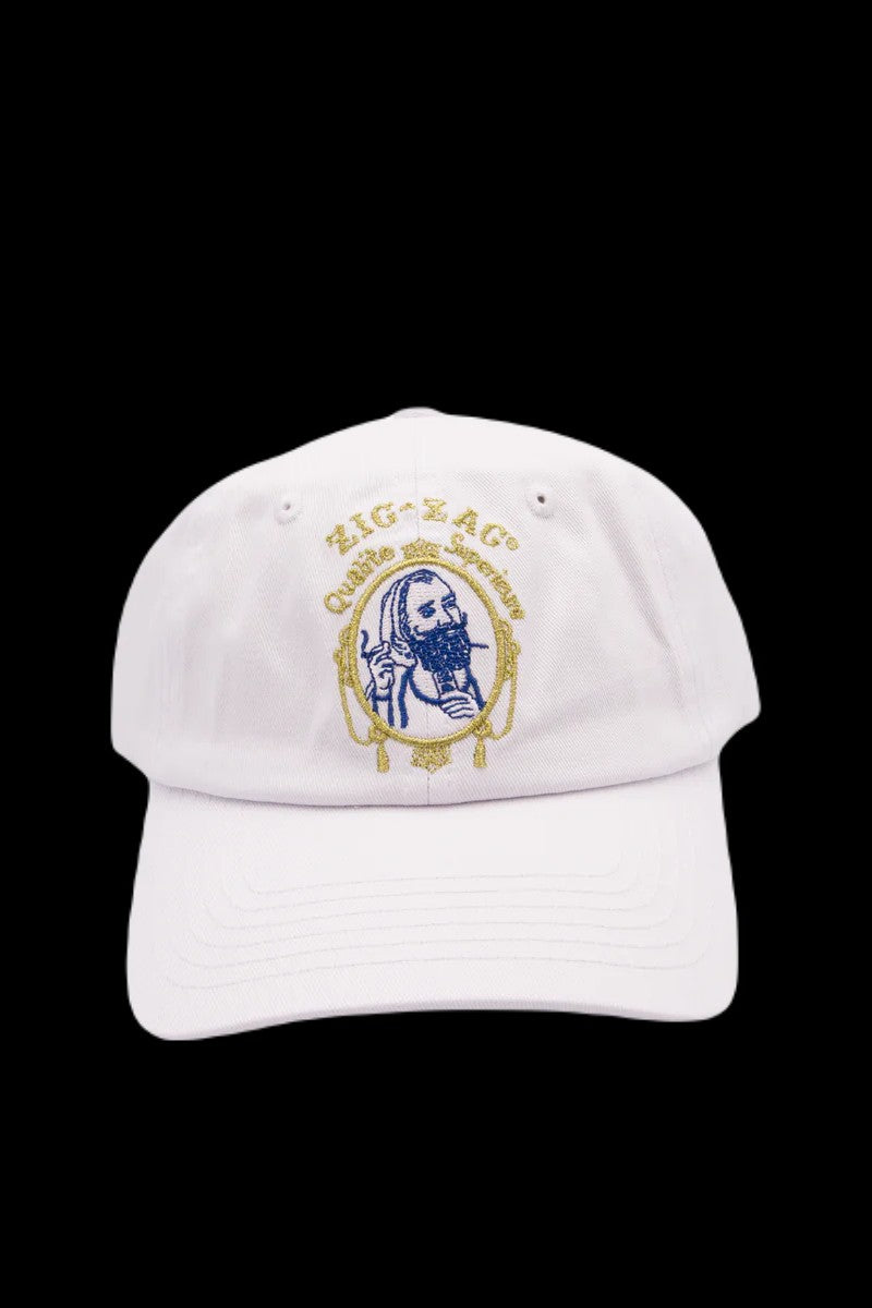White baseball cap with embroidered cannabis-themed design.