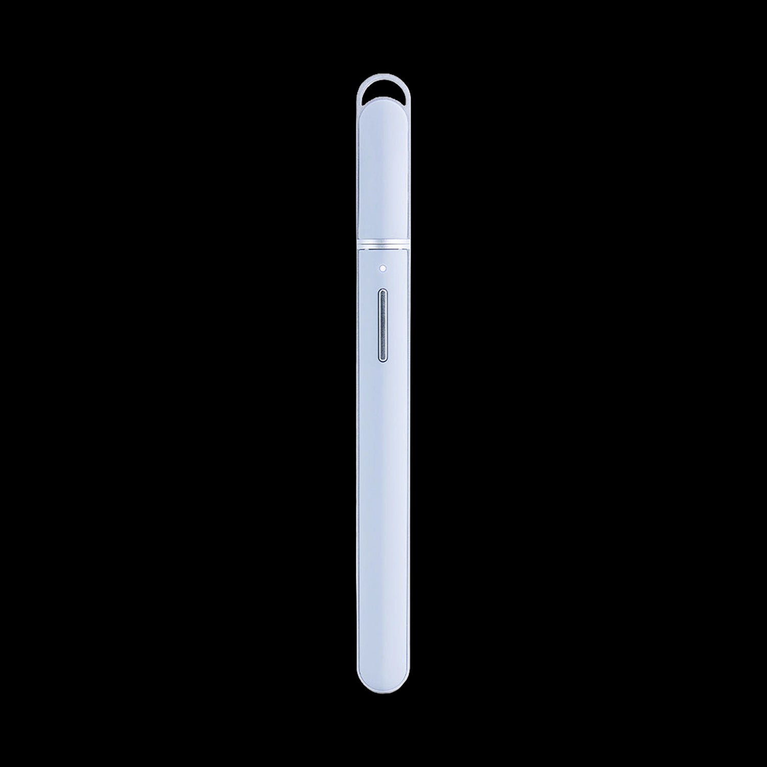 Centered vertical studio shot of the Puffco New Hot Knife in white against a black background, showing its rounded tip and slim body.