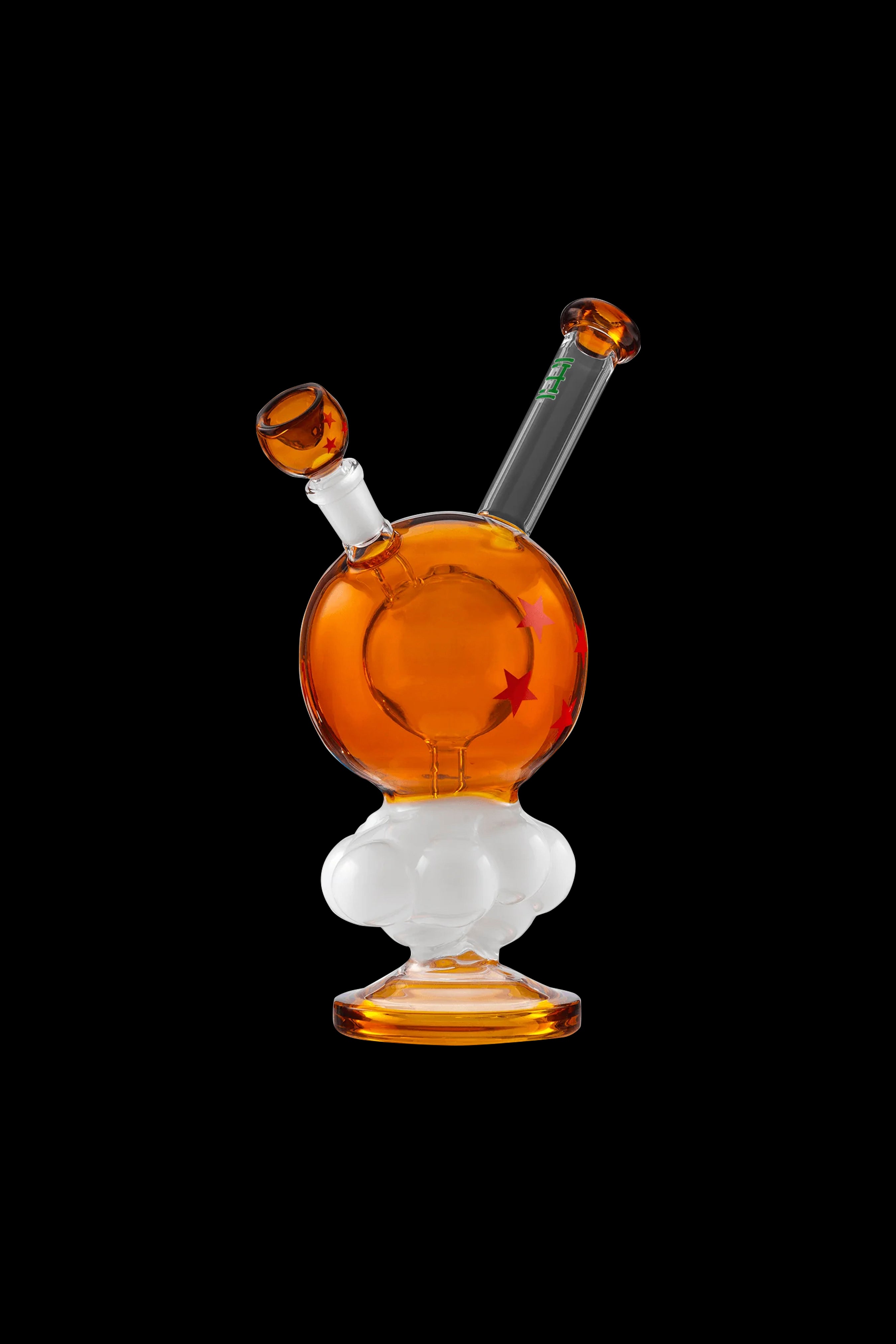 Orange and white glass water pipe (bubbler) with a clear mouthpiece, isolated on a black background.