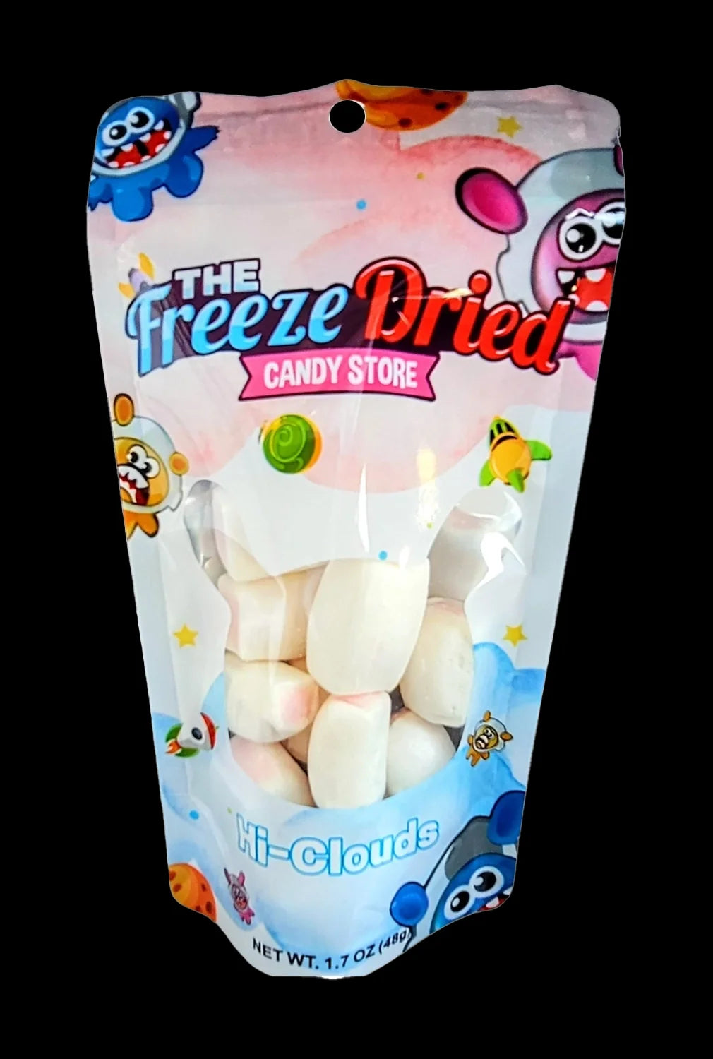 A colorful, sealed bag labeled "The Freeze Dried Candy Store" containing white, freeze-dried cannabis "Hi-Clouds."