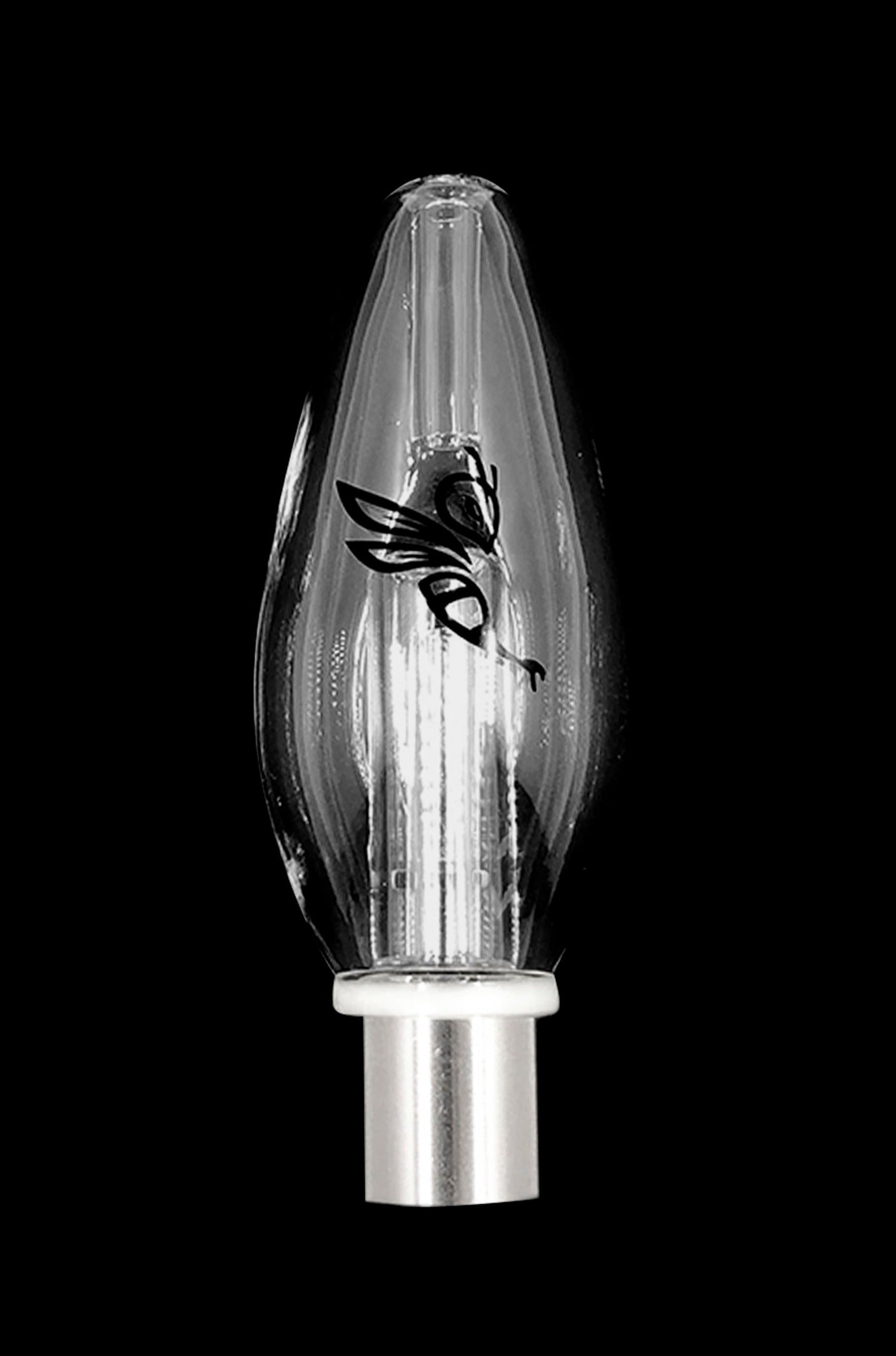 Clear glass oil burner pipe with a graphic of a skull and roses, isolated on black.