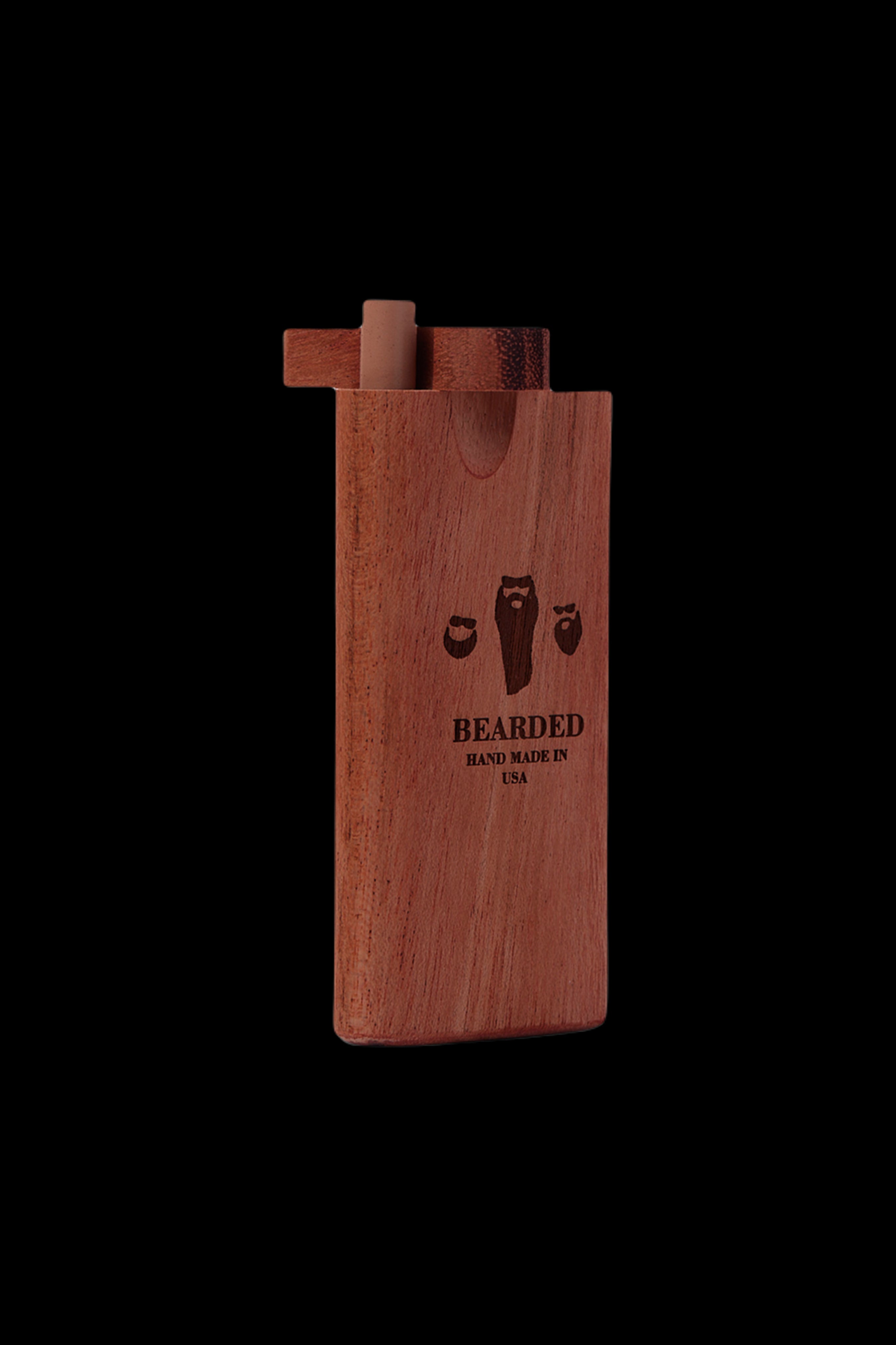 Wooden one-hitter pipe with engraved beard design and “Bearded Hand Made USA” text.