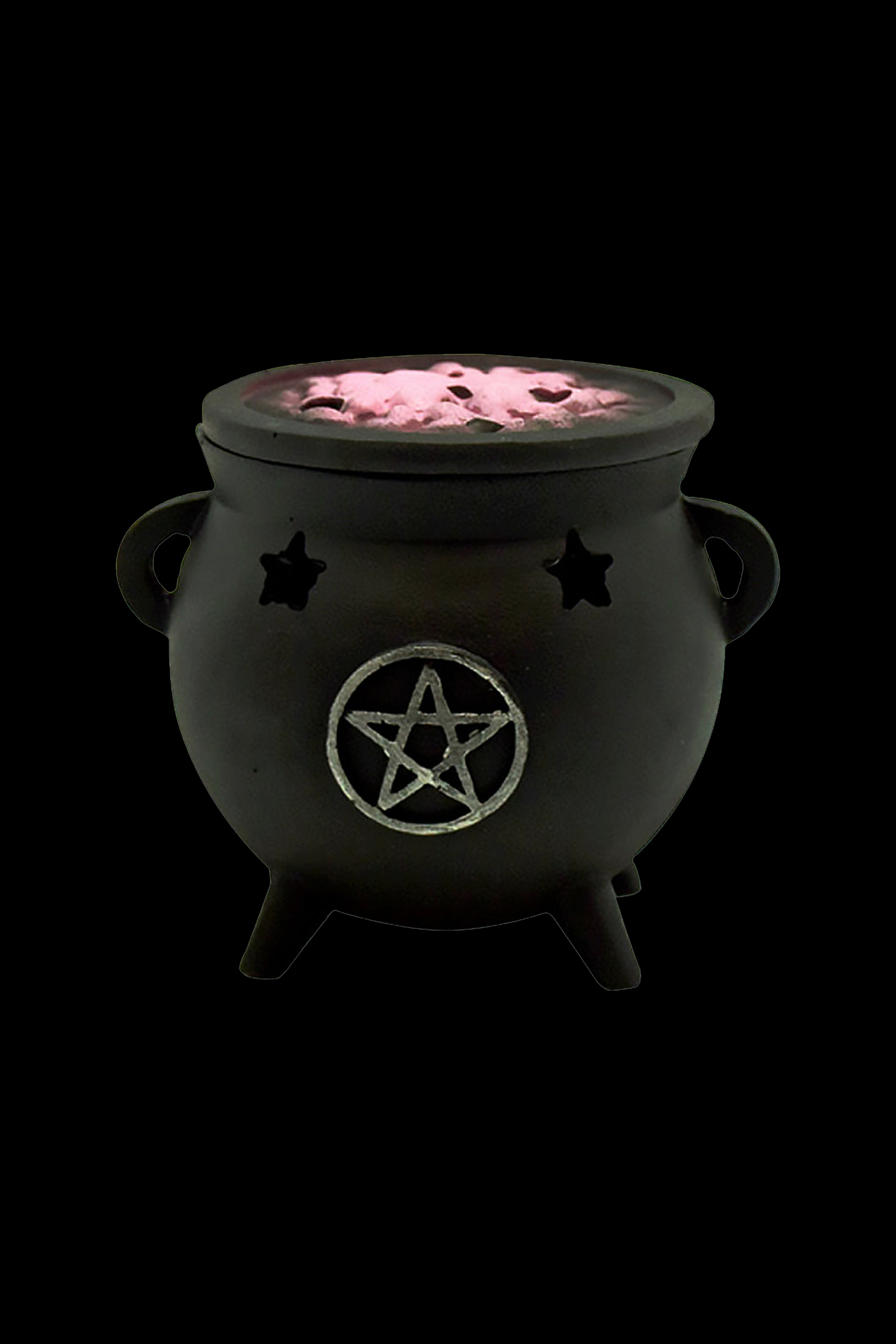 Black cauldron with glowing pink cannabis inside, featuring a pentagram symbol.