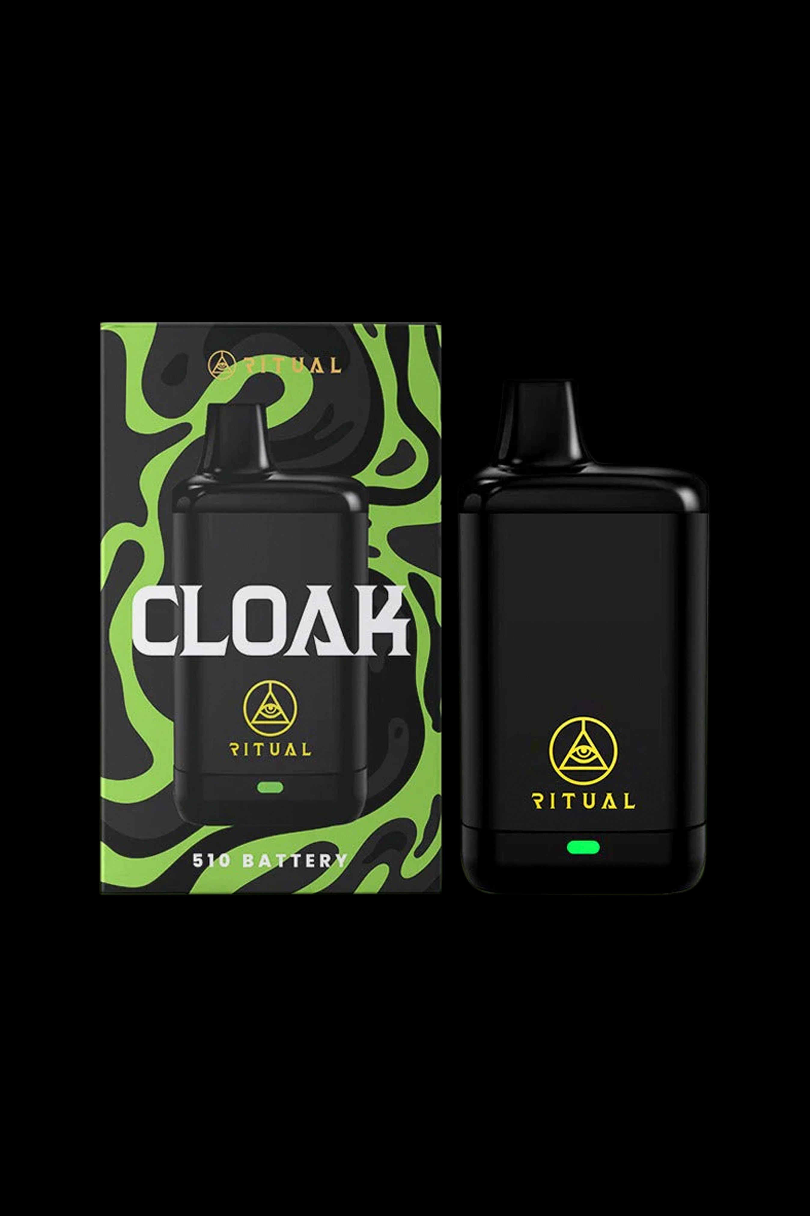 Black “Cloak” Ritual 510 battery with an all-over green, swirling design, displayed alongside a matching battery in its packaging.