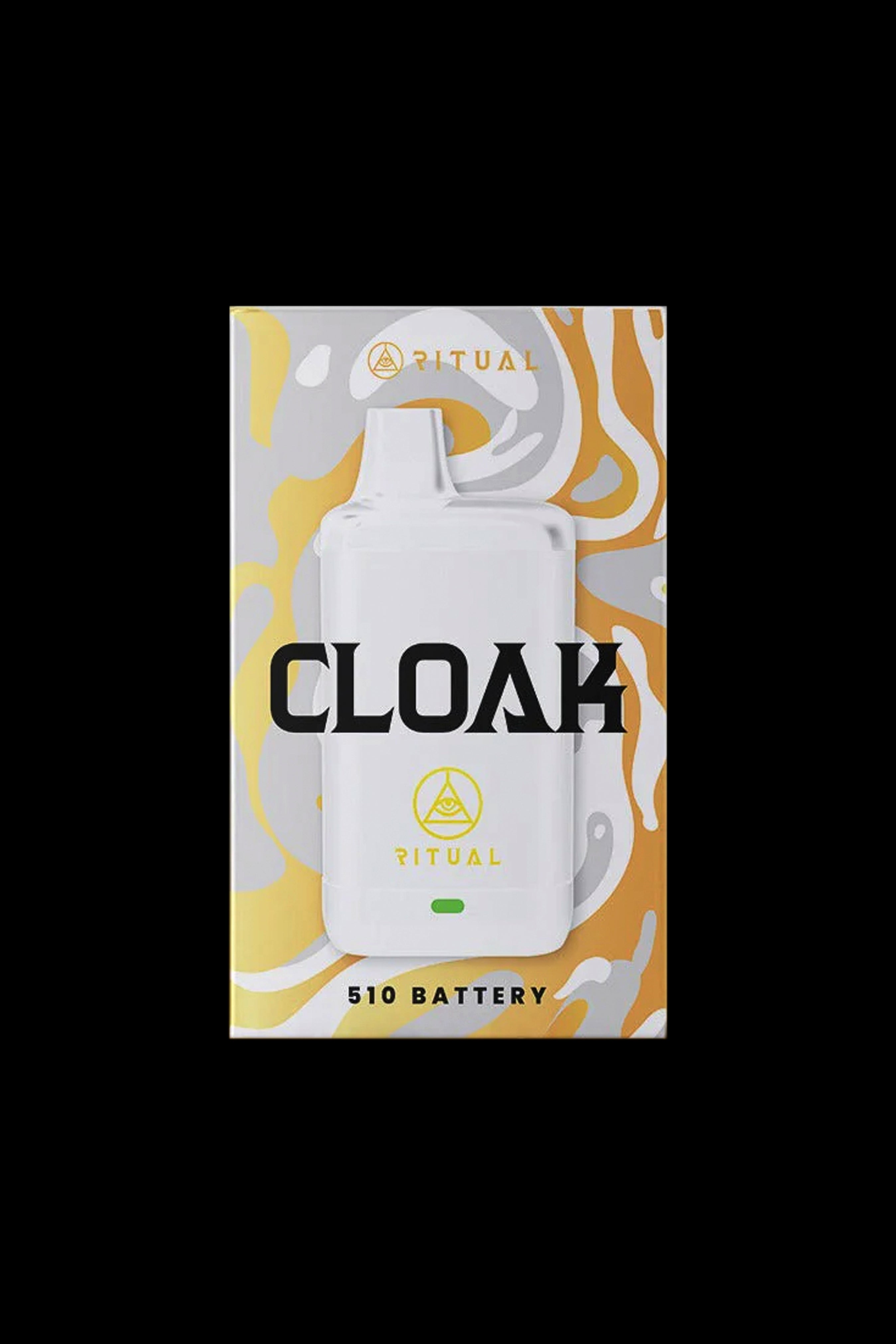 White and yellow packaging for “Cloak” Ritual 510 battery, featuring abstract designs and branding."