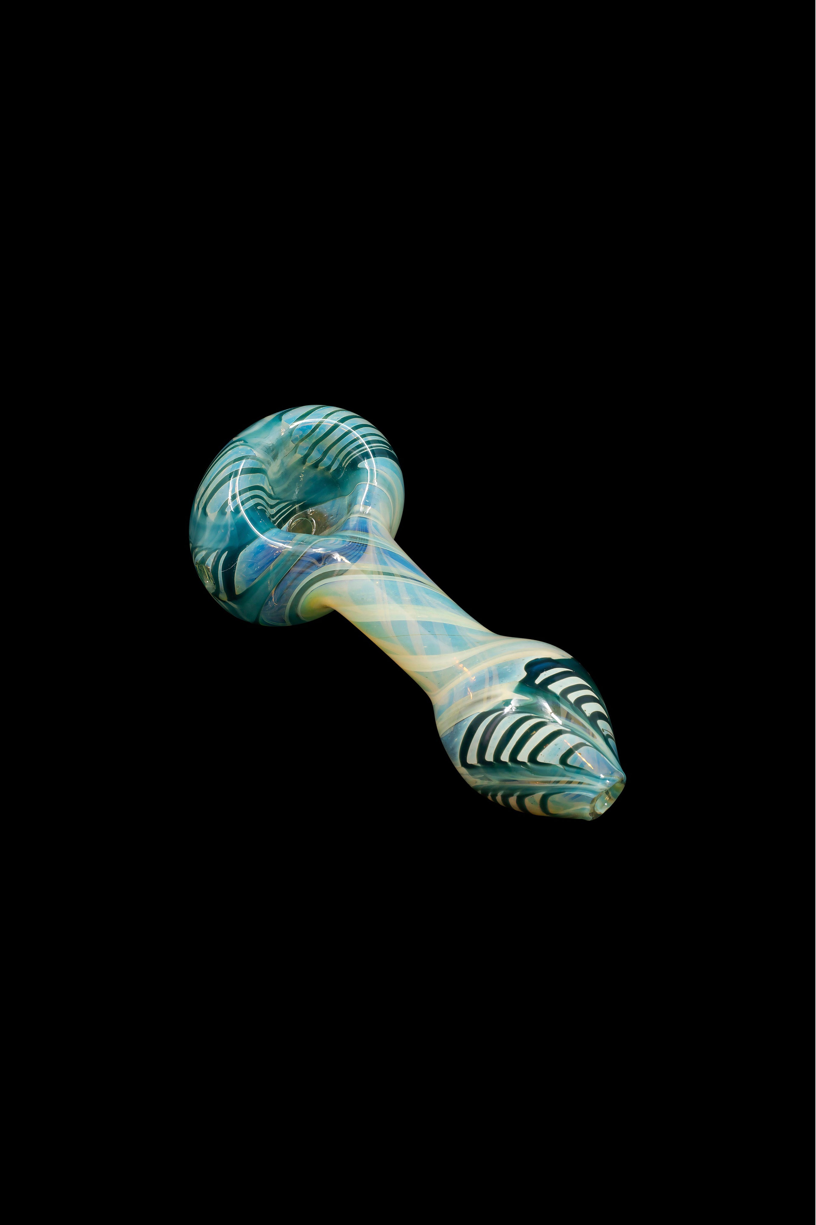 Hand-blown glass pipe with swirling teal and cream patterns against a black background.