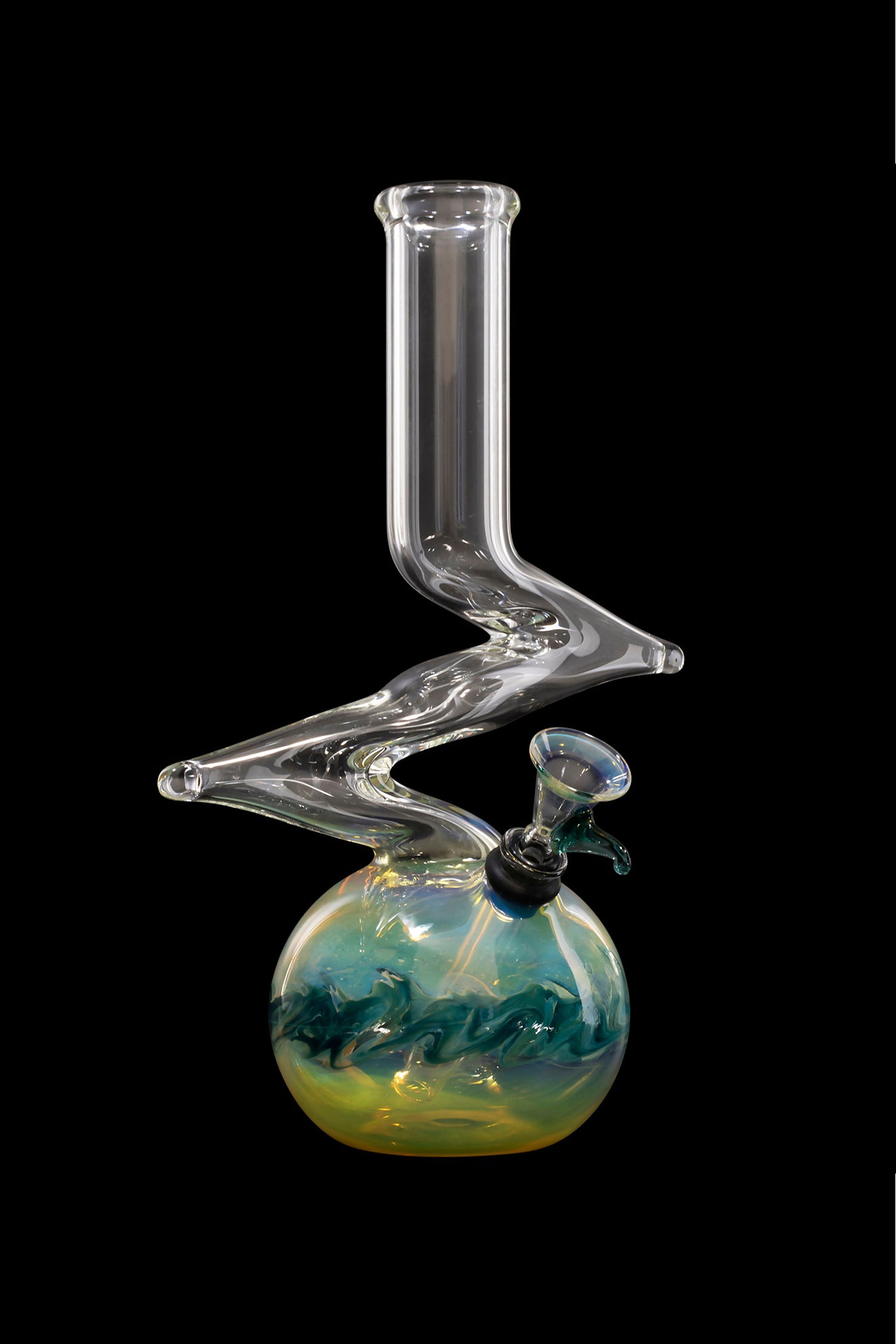 Glass water pipe with a colorful, swirling base.