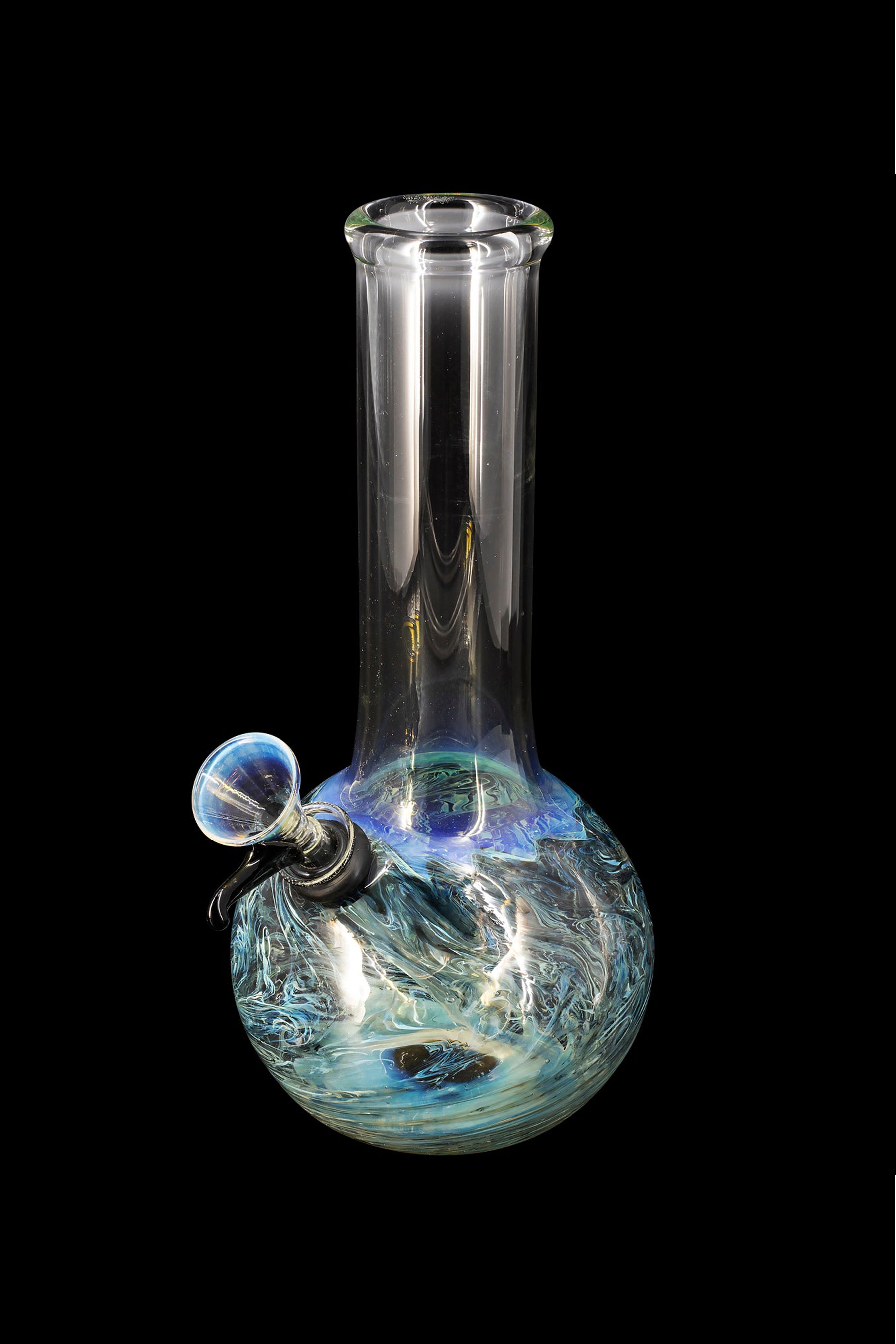 Glass water pipe with blue and white swirling patterns, isolated on a black background.