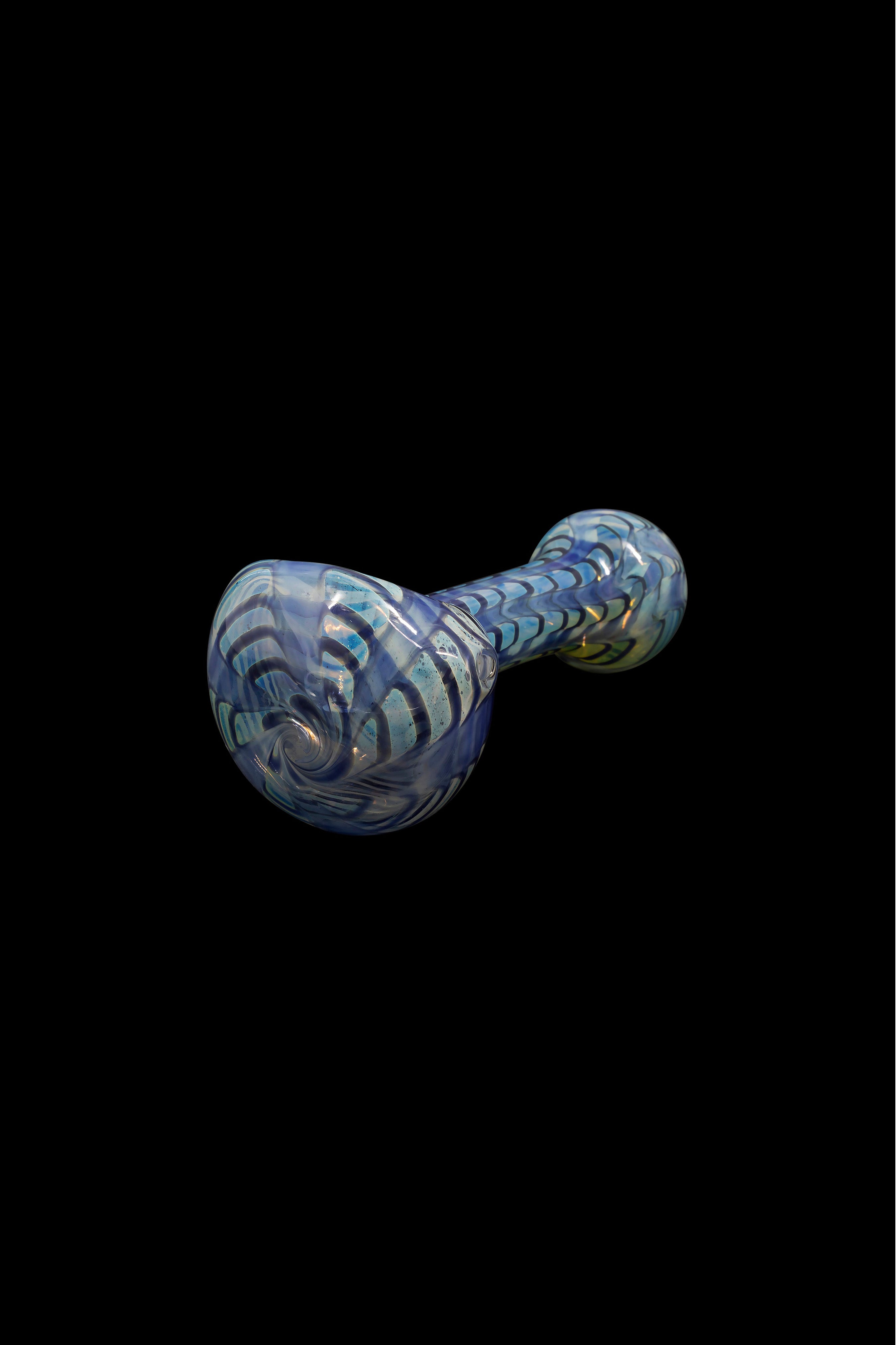 Blue glass pipe with swirling patterns on a black background.