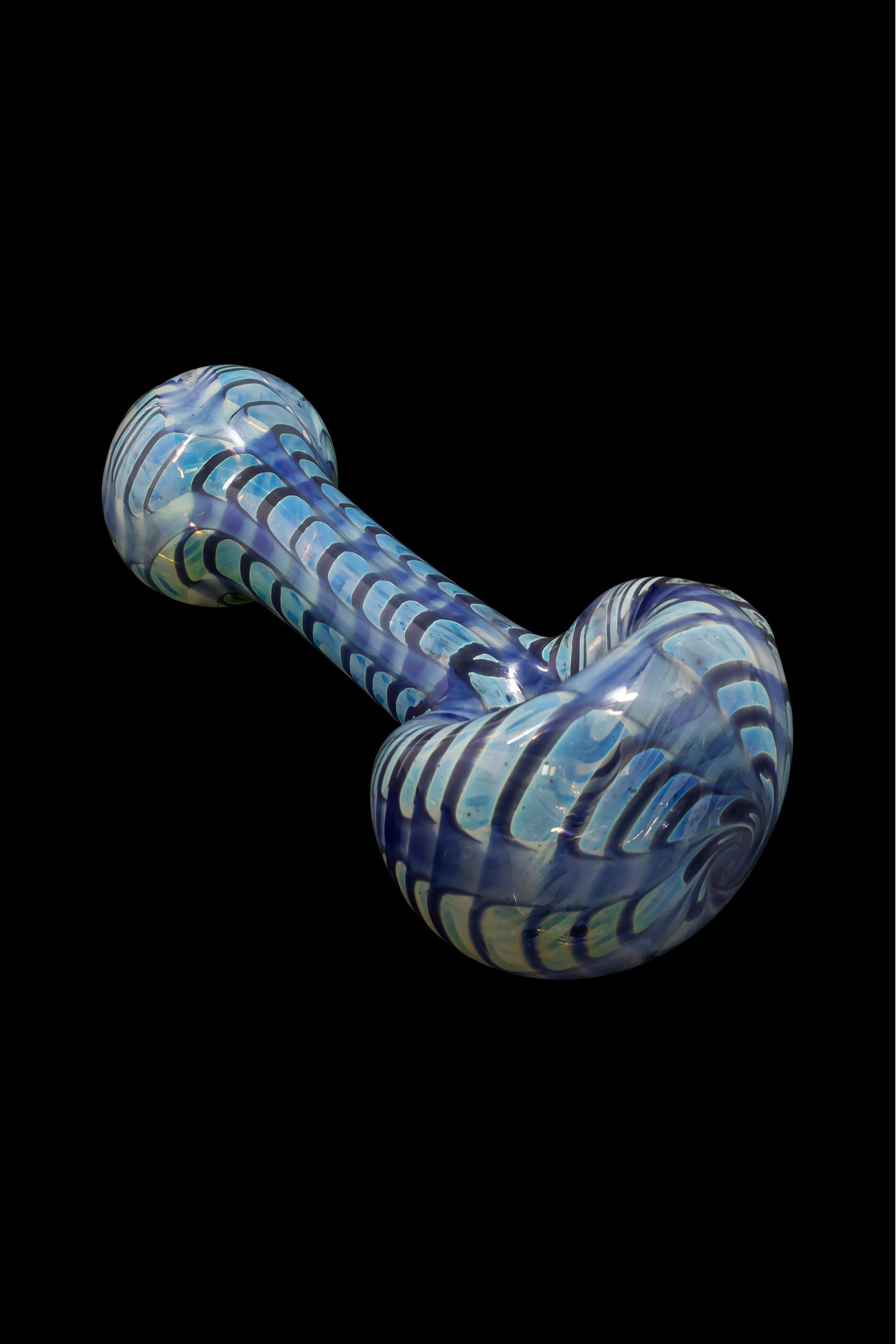Blue glass pipe with swirling patterns, isolated on a black background.