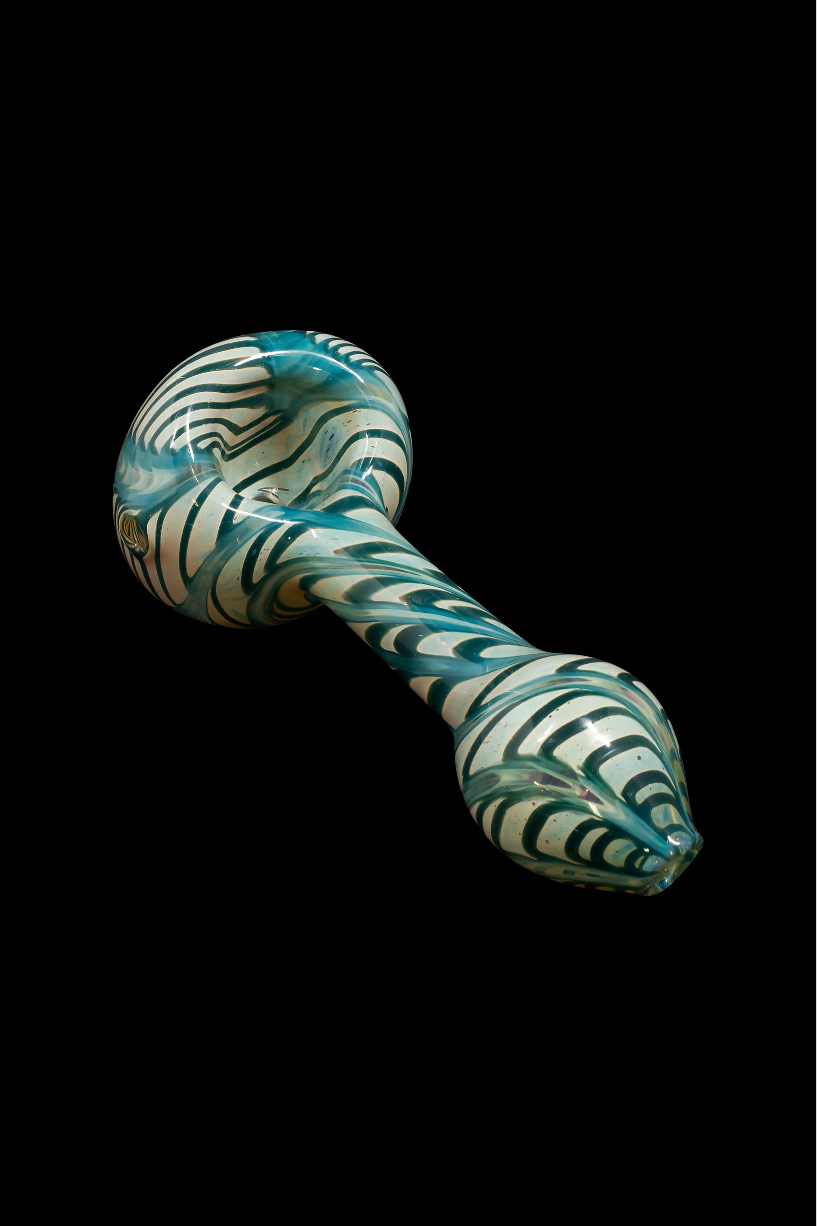 Handblown glass pipe with teal and white swirl pattern.