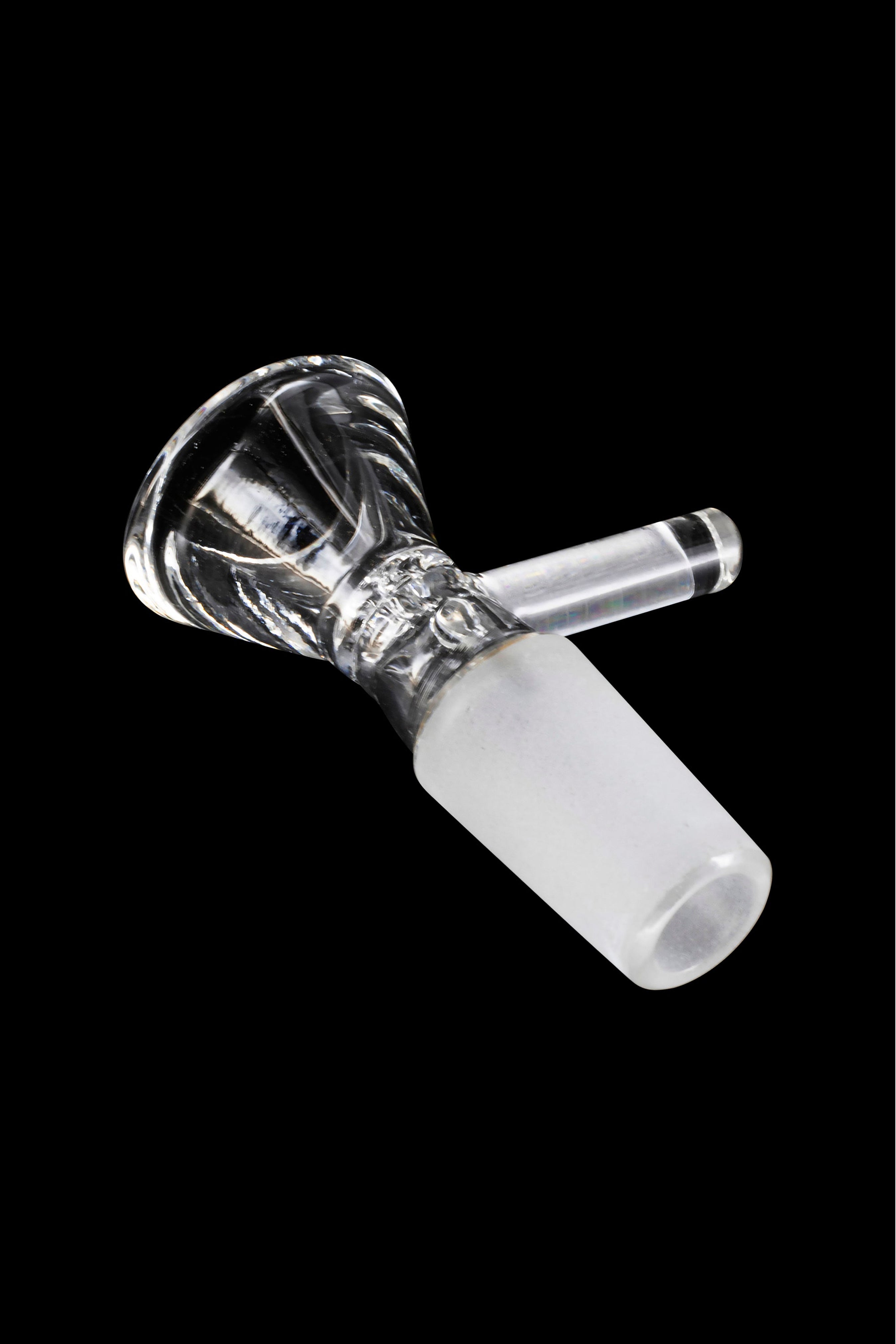 Clear glass cannabis bowl with intricate swirling design.