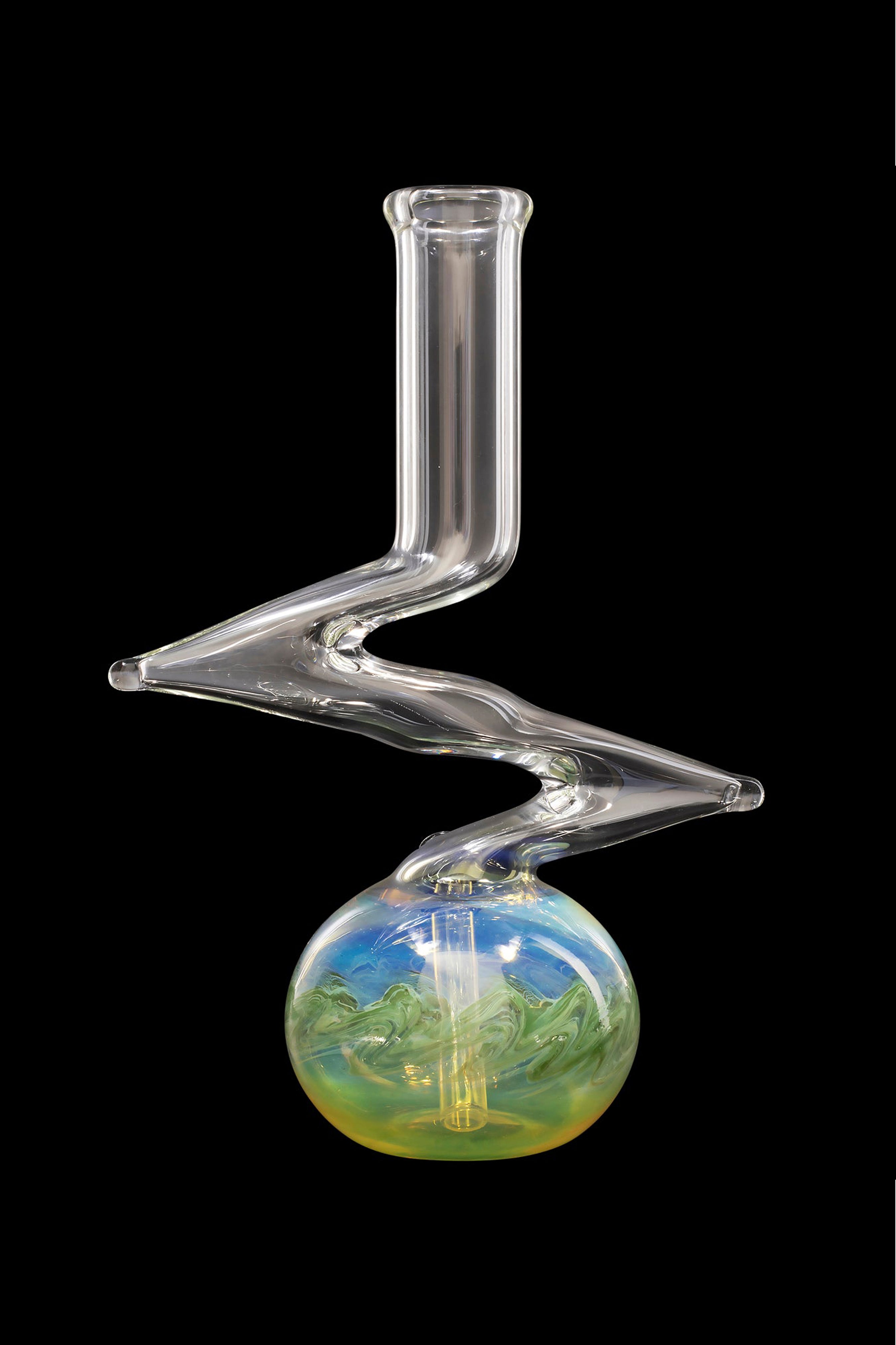 Clear glass bubbler with colorful, swirling water-like patterns in the base and a bent neck.