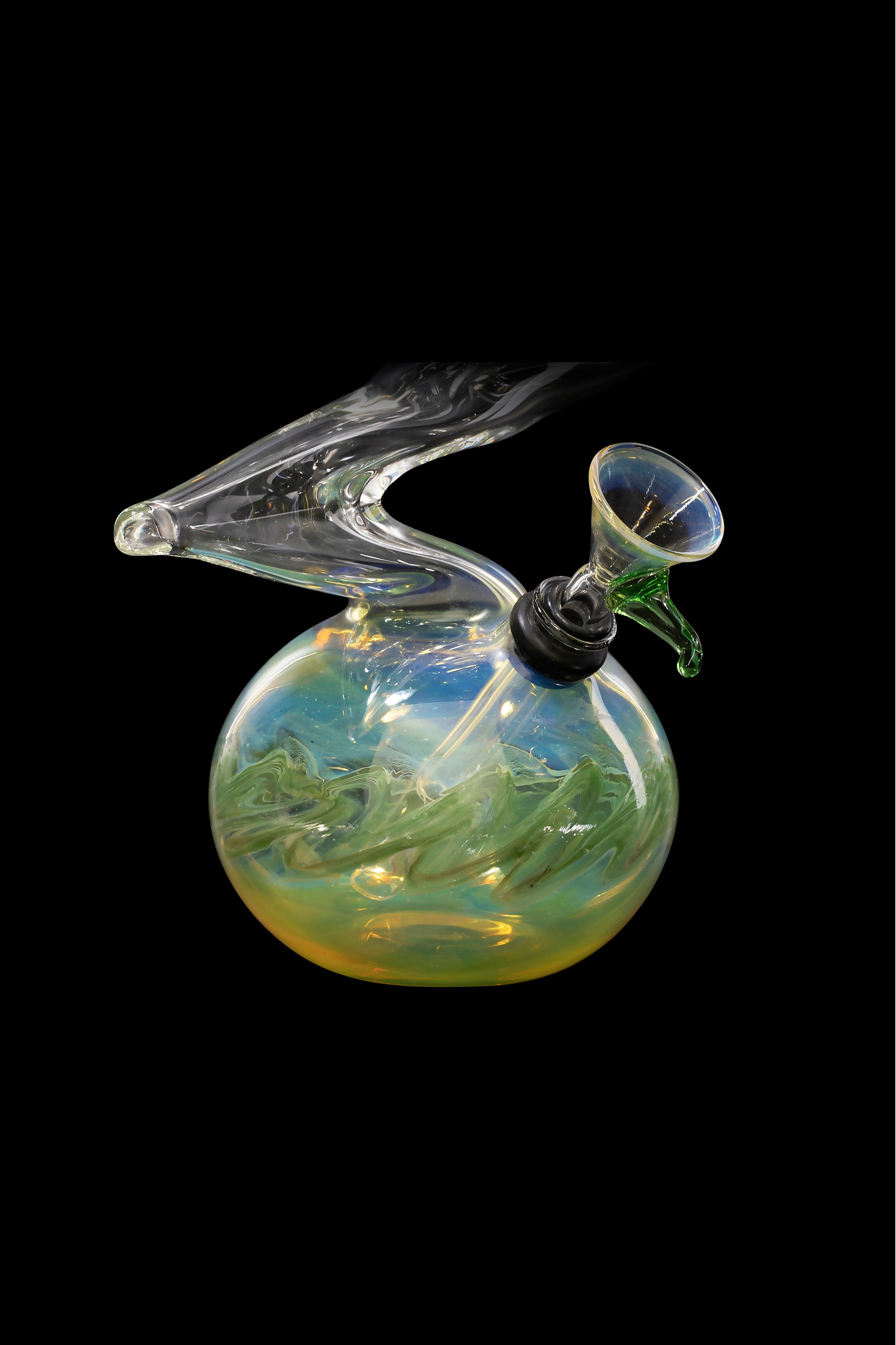 A colorful glass water pipe, also known as a bubbler, against a black background.