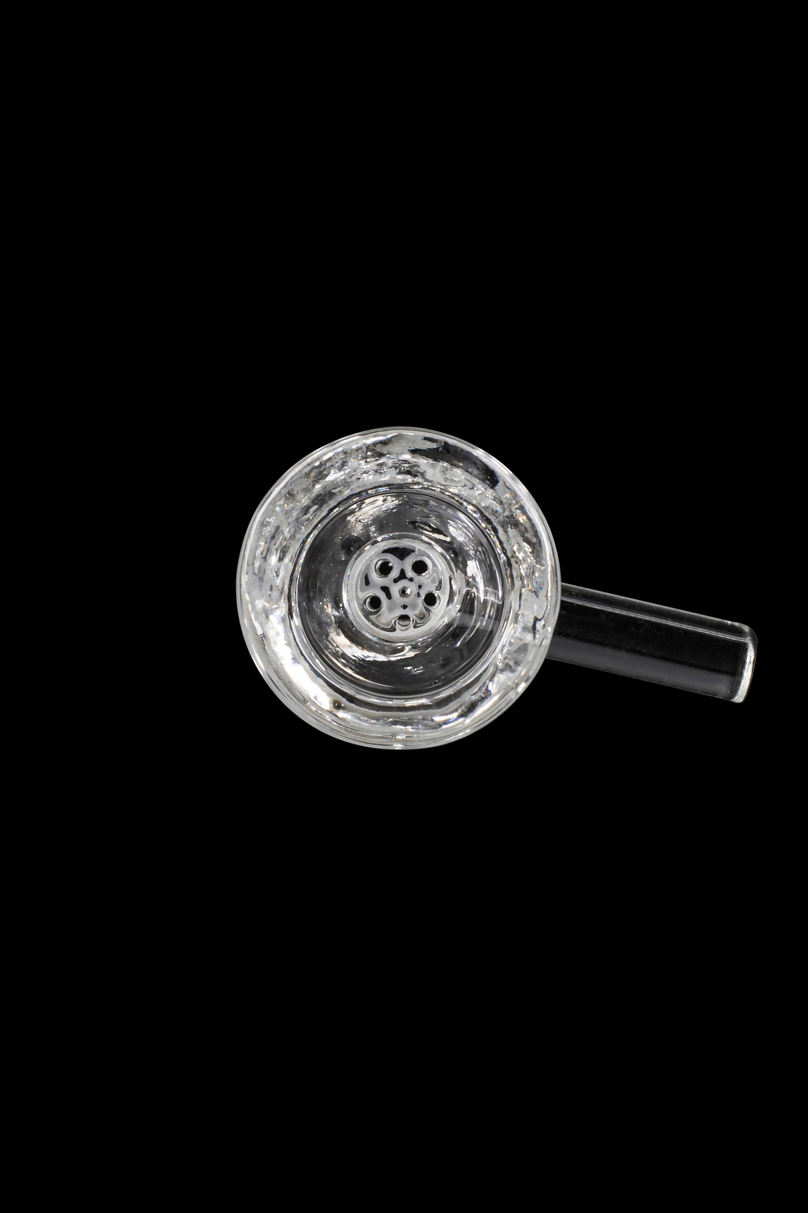 Clear glass bowl for a water pipe, with multiple holes for filtration.
