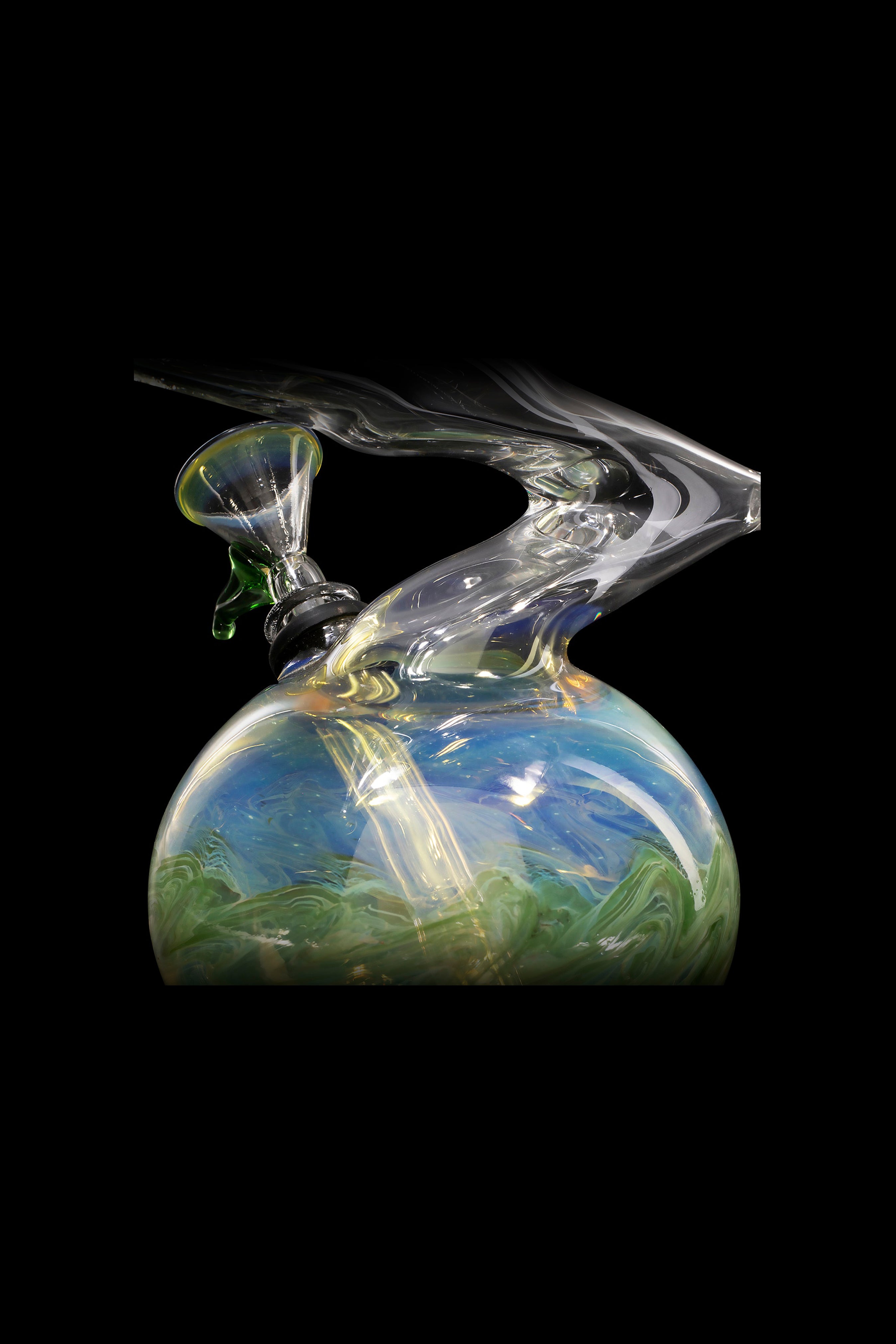 Glass water pipe with blue and green swirling patterns, emitting smoke against a black background.