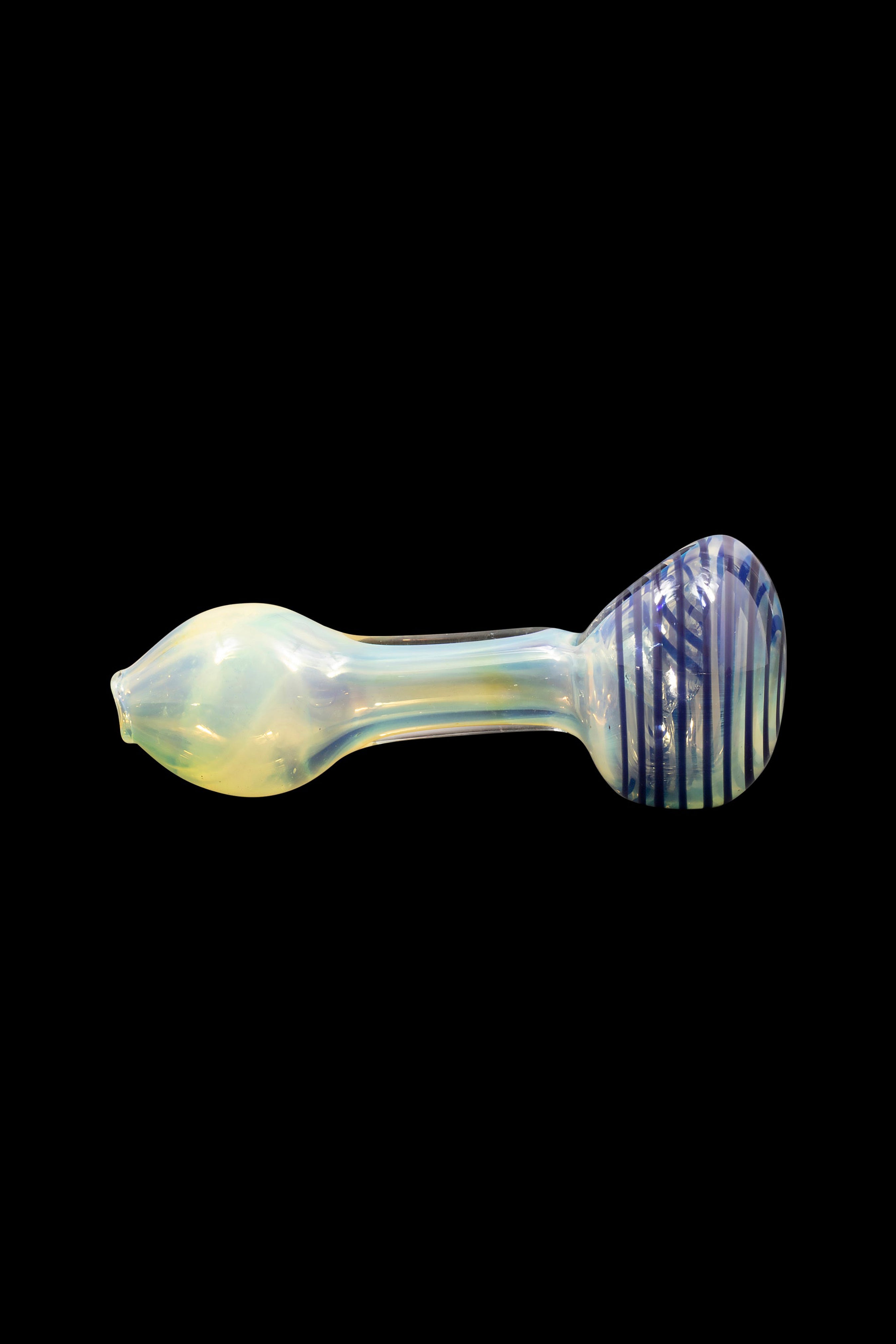 Iridescent glass pipe with blue and white striped bowl against a black background.
