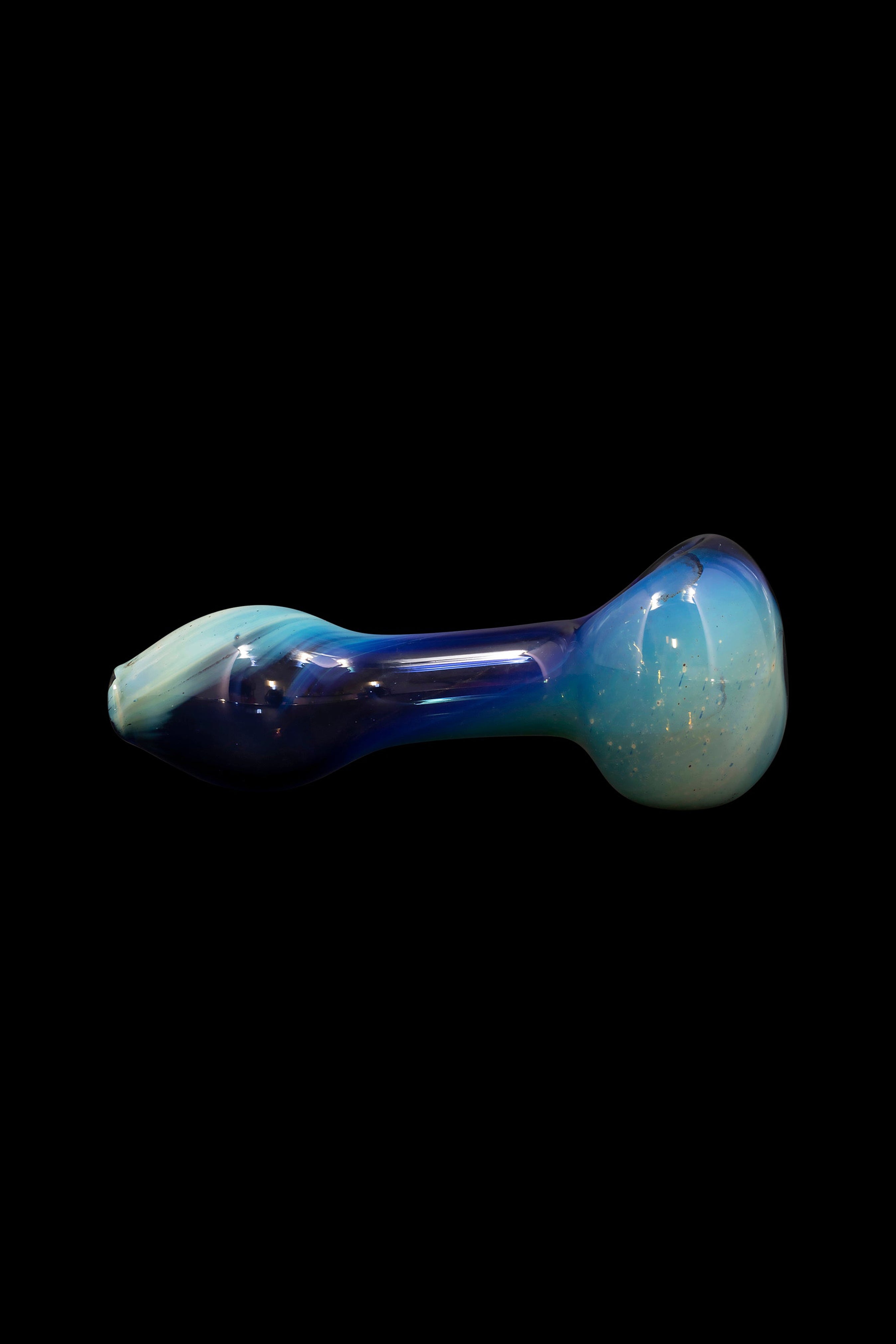 Glass pipe with blue and iridescent coloring on a black background.