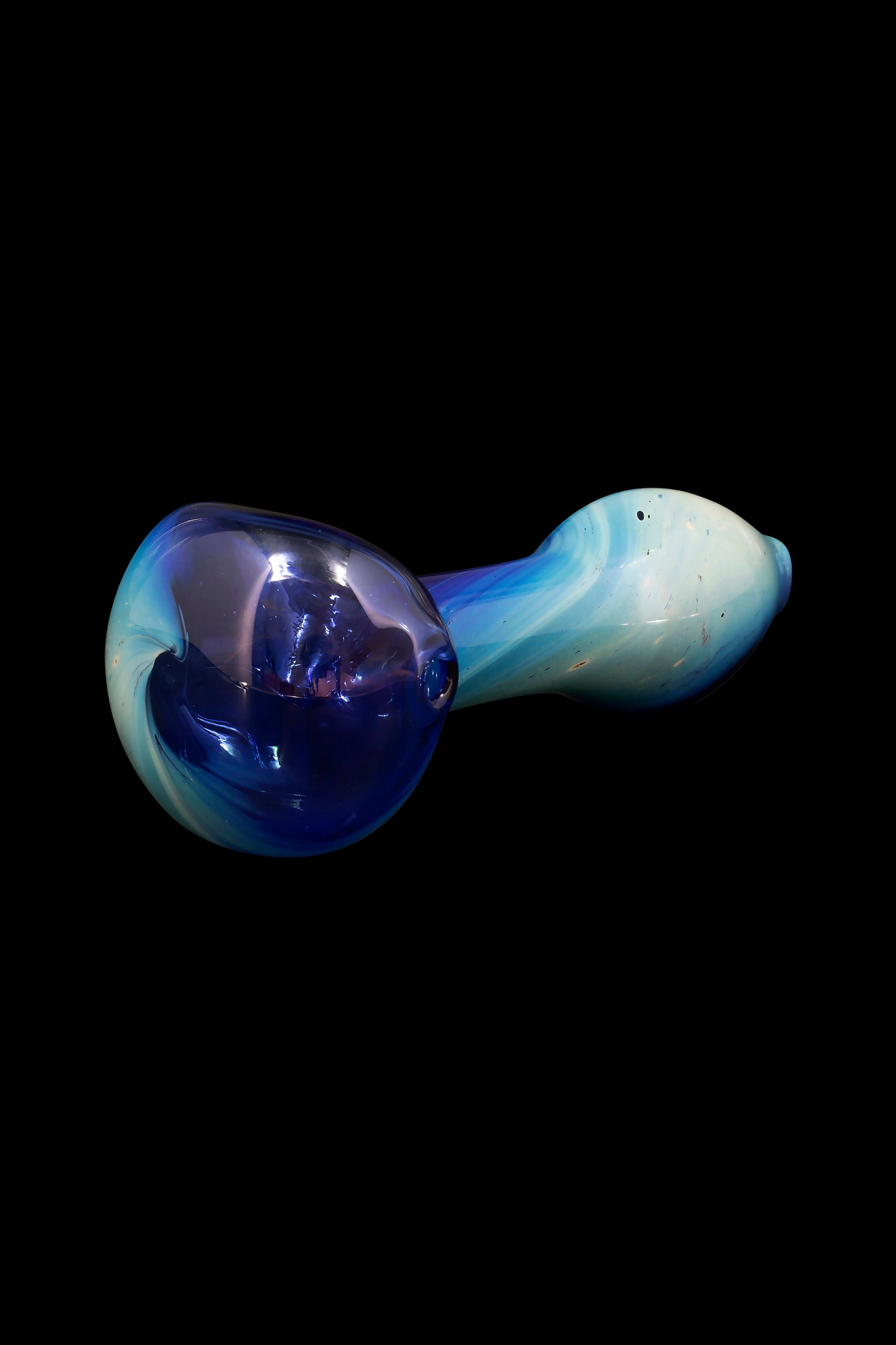 Blue and iridescent glass pipe against a black background.