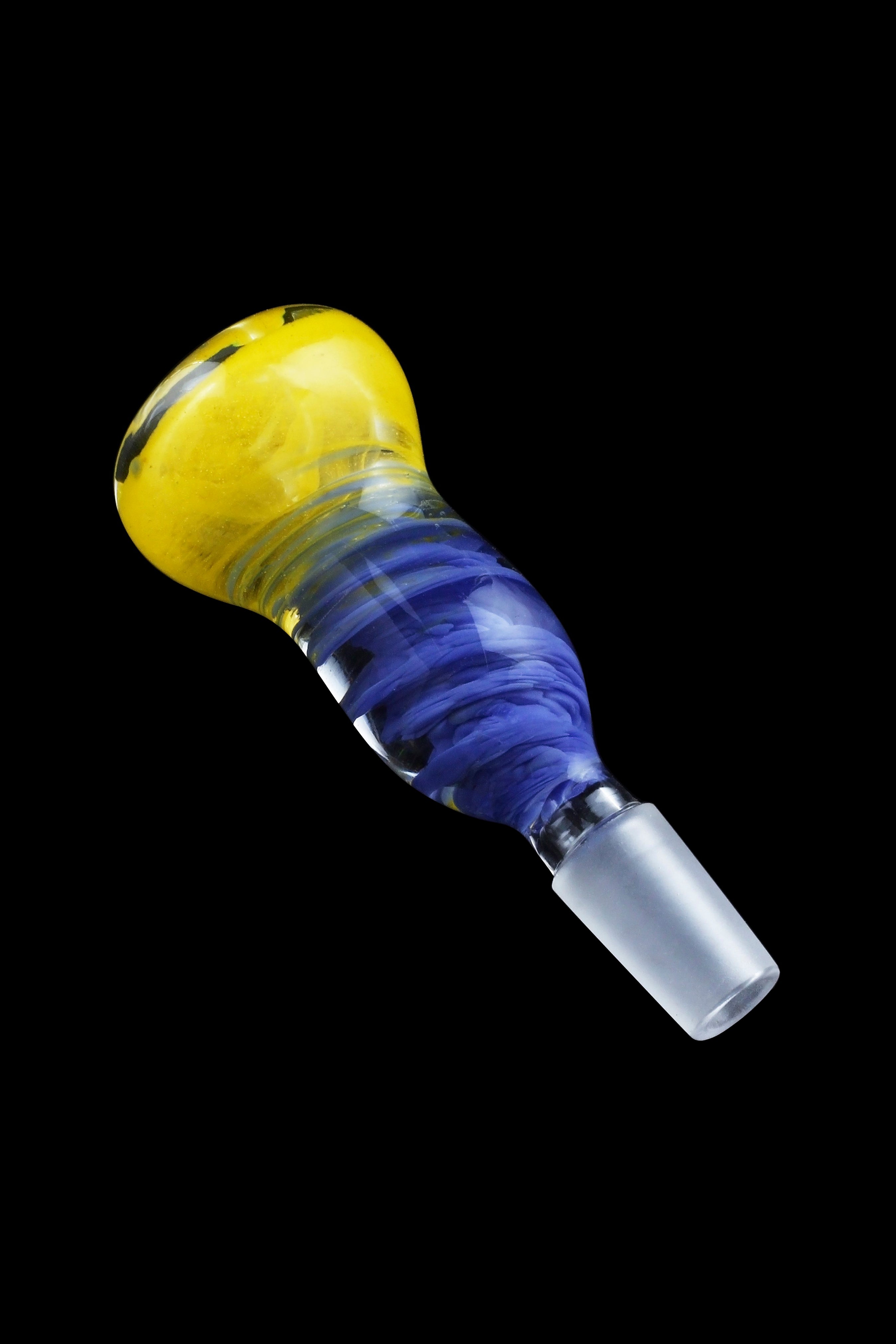 Hand-blown glass cannabis bong bowl with yellow and blue swirls.