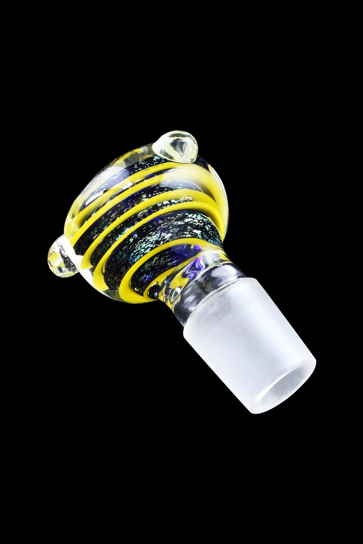 Hand-blown glass cannabis bowl with colorful stripes and bubbles.