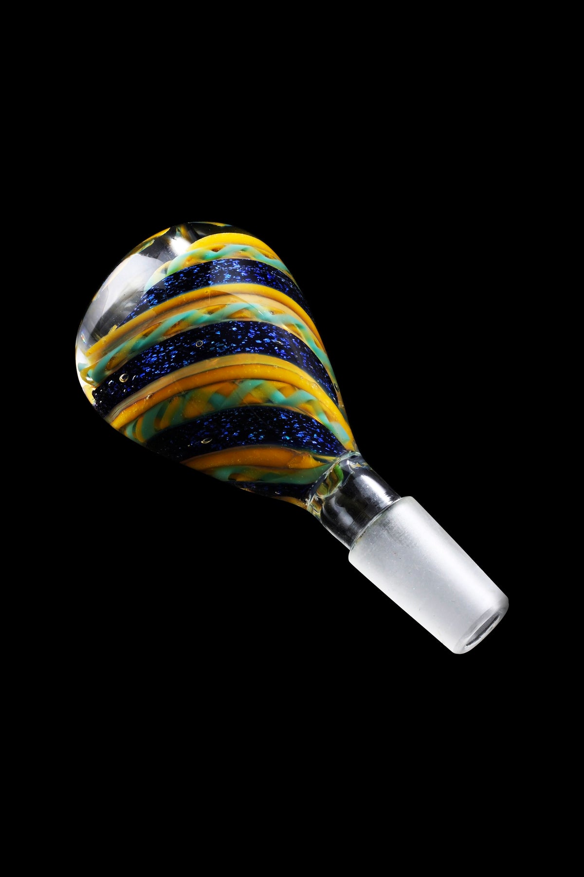 Hand-blown glass cannabis bowl with colorful swirls.